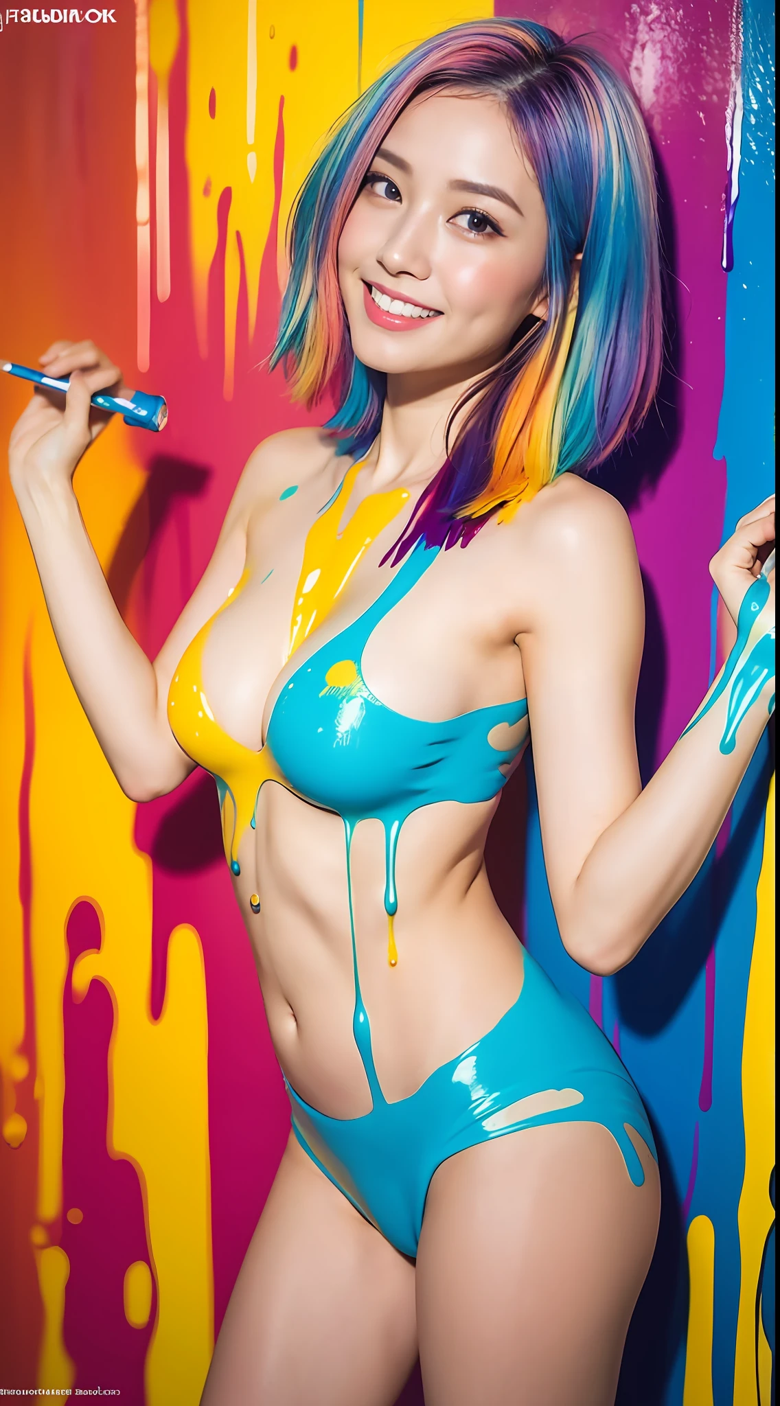 ((Best Quality, 8K, masutepiece:1.3, 1 girl, Beautiful Girl)), Cute, Dynamism, Detailed face, Detailed skin, Detailed eyes, Detailed lips, Detailed fingers, Detailed mouth, detailed tooth, Detailed tongue, Round eyes, 二重まぶた, Tear bag, Photorealistic, Raw photo, Natural light, Perfect Anatomy, small stature, Big breasts:1.1, Big round buttocks, toned abdomen, toned legs, ((Colorful liquid on naked body:1.2)), Colorful hair, Colorful body, Colorful ink on hair:1.2, Colorful liquid all over the body:1.2, Colorful paint on the face:1.2, Colorful paint on arms:1.2, Colorful background, Smile, Abundant colorful liquids, underboob, sideboob barbosa, Open chest, Nipple shape, Camel toe, thin Pubic hair, White liquid, bra by hands, bare abdomen