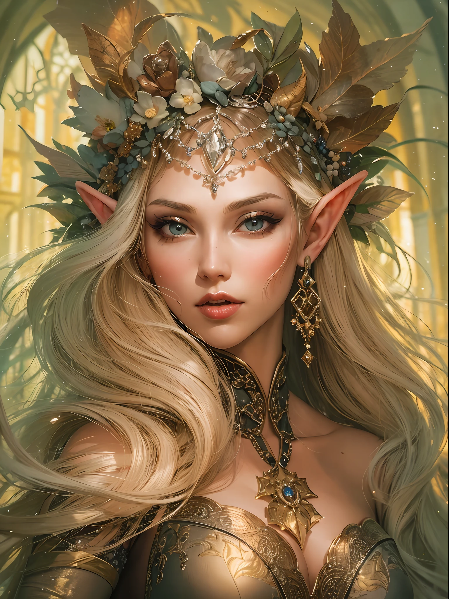 (Masterpiece, Illustration, Vibrant colors, Fantasy theme:1.3), An enchanting illustration of a stunning blonde elven woman with long, flowing hair adorned in an exquisite and intricate hairstyle. Her captivating green eyes sparkle with a hint of mischief, framed by thick, beautifully drawn black eyebrows. Her luscious, voluminous lips add to her allure, perfectly complementing her flawless skin.

Her voluptuous and alluring figure is accentuated by a short and tight elven outfit that elegantly drapes her body, leaving little to the imagination. The elf's perfect form is highlighted as she confidently walks along a narrow, deserted medieval street, illuminated by the warm glow of the setting sun. The sunlight reflects directly on her, casting a radiant glow on her entire being.

With a provocatively confident and piercing gaze, she exudes bravery and a sense of allure. Her aura is one of untamed grace and allure, capturing the essence of her elven heritage.

The medieval street exudes a sense of timeless beauty, with cobblestone paths and ancient architecture, adding to the enchanting atmosphere of the illustration. The absence of movement on the street enhances the focus on the captivating elven beauty.

The colors of the illustration are vibrant, with rich hues that add depth and life to the scene. The combination of warm and cool tones creates a harmonious balance, enhancing the magical ambiance of the artwork