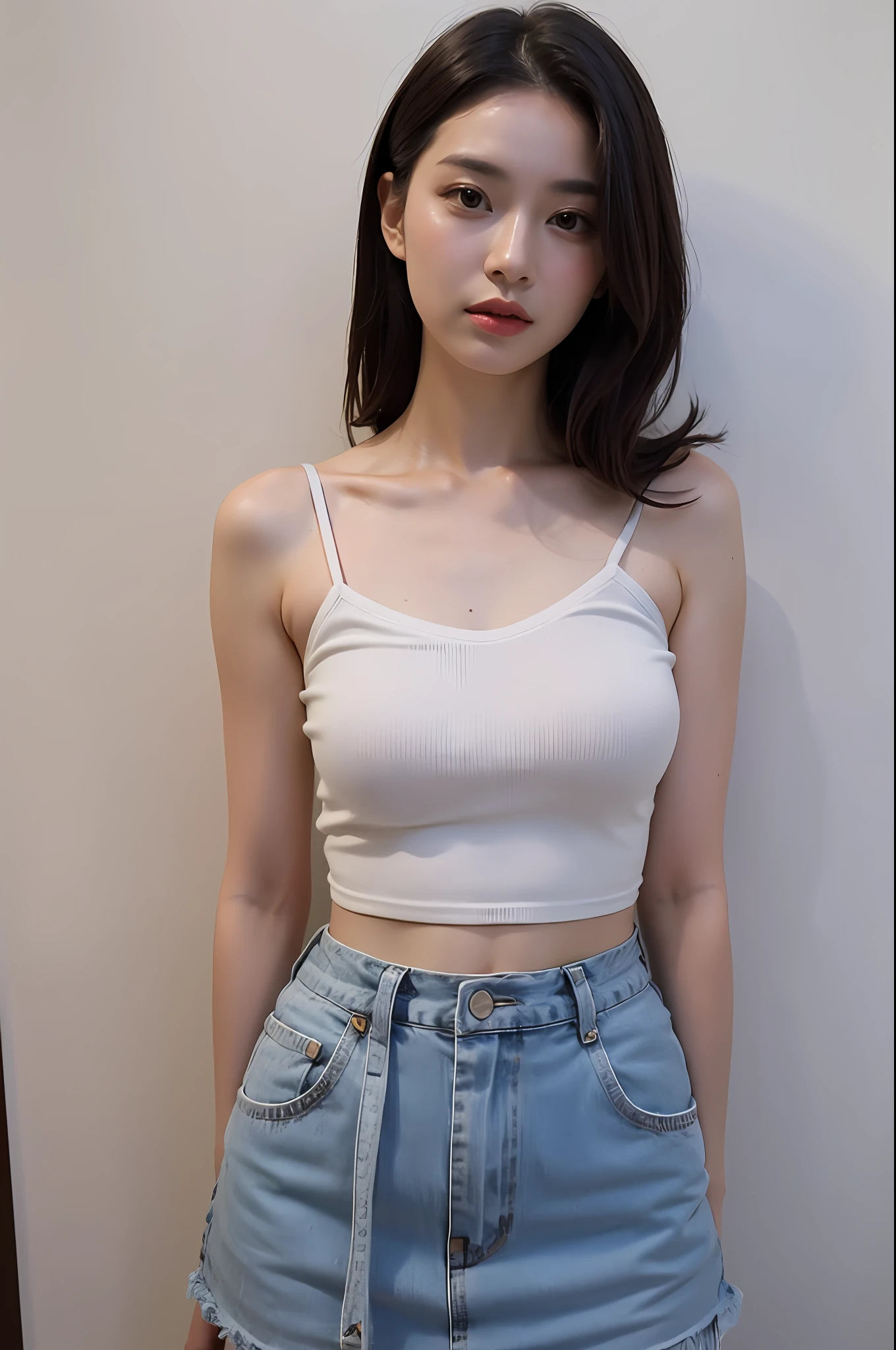 (Highly detailed body,Highly detailed face,Best quality at best:1.2) ,A woman who is,looki at viewer,Look to the lens,(camisole,Skirt that wraps hips)(white backgrounid:1.2),(Fully display the character's body:1.2)