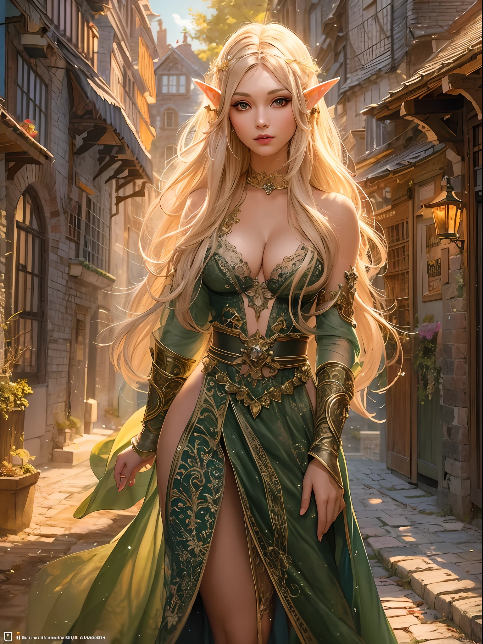 (Masterpiece, Illustration, Vibrant colors, Fantasy theme:1.3), An enchanting illustration of a stunning blonde elven woman with long, flowing hair adorned in an exquisite and intricate hairstyle. Her captivating green eyes sparkle with a hint of mischief, framed by thick, beautifully drawn black eyebrows. Her luscious, voluminous lips add to her allure, perfectly complementing her flawless skin.

Her voluptuous and alluring figure is accentuated by a short and tight elven outfit that elegantly drapes her body, leaving little to the imagination. The elf's perfect form is highlighted as she confidently walks along a narrow, deserted medieval street, illuminated by the warm glow of the setting sun. The sunlight reflects directly on her, casting a radiant glow on her entire being.

With a provocatively confident and piercing gaze, she exudes bravery and a sense of allure. Her aura is one of untamed grace and allure, capturing the essence of her elven heritage.

The medieval street exudes a sense of timeless beauty, with cobblestone paths and ancient architecture, adding to the enchanting atmosphere of the illustration. The absence of movement on the street enhances the focus on the captivating elven beauty.

The colors of the illustration are vibrant, with rich hues that add depth and life to the scene. The combination of warm and cool tones creates a harmonious balance, enhancing the magical ambiance of the artwork