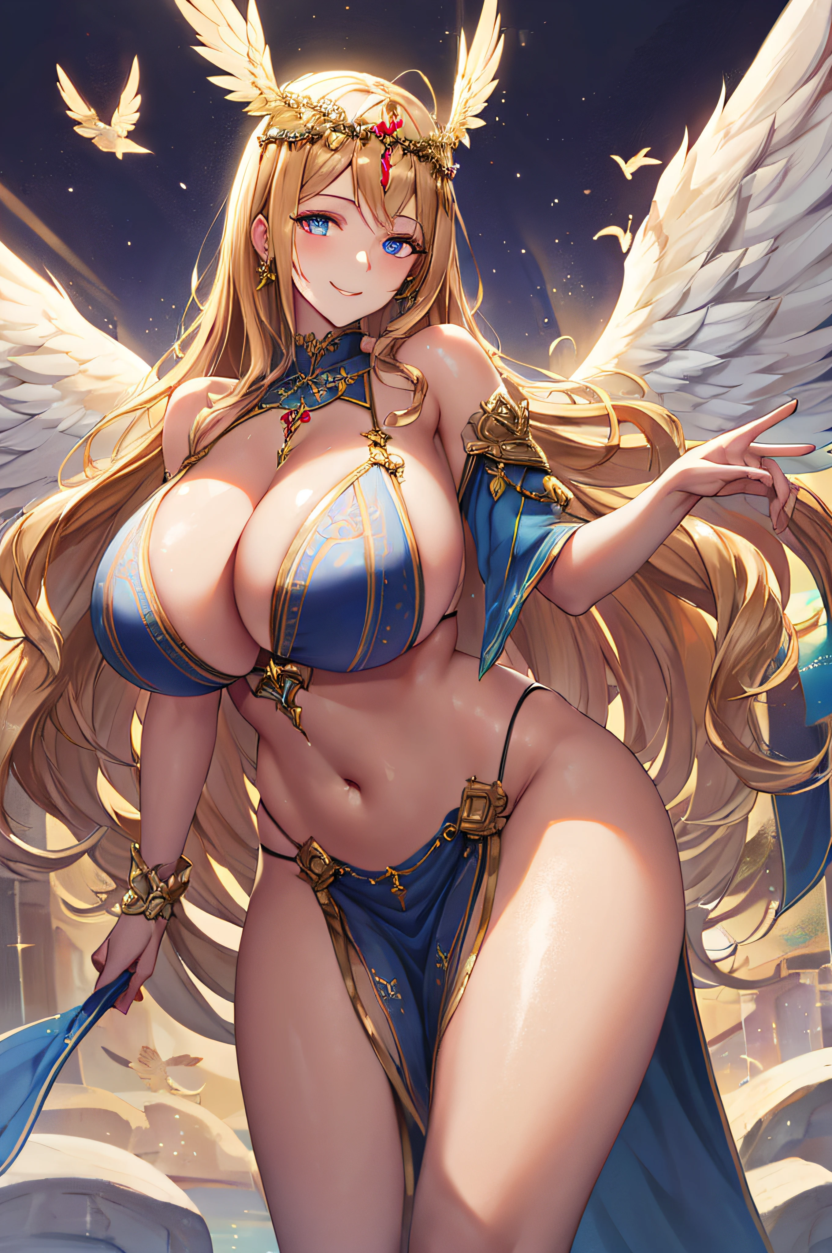 priestess,valkyrie,angel wings,navel,sideboob,complex,light particles,thighs,shiny skin, perfect lighting, 1girl, looking at viewer,winged headgear,pelvic curtain, smile,(masterpiece), (best quality), extremely huge breasts, motherly, porcelain skin, honey blonde hair, very long hair, wavy hair