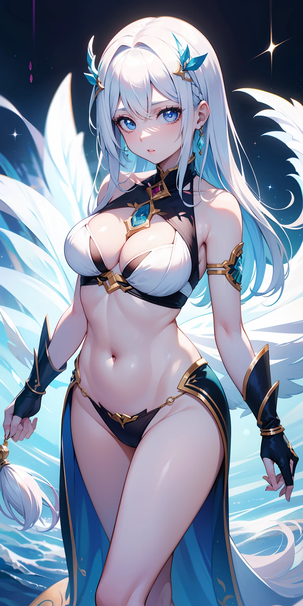 Garota anjo, asas de anjo nas costas, pale skinned, olhos azul, orelha, nariz, boca aberta, rindo,, cabelo loiro, Neck strap, ombros, Arms, barriga, cintura fina, pernas grossas, coxa grande, standingn, fundo branco