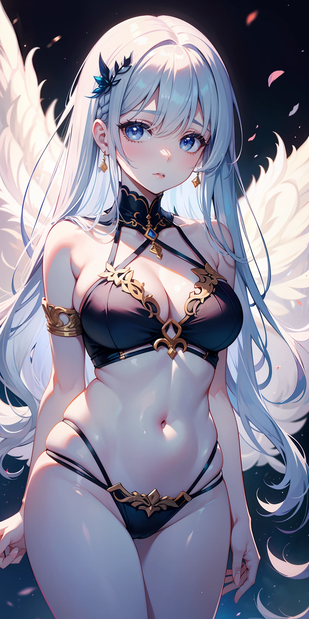 Garota anjo, asas de anjo nas costas, pale skinned, olhos azul, orelha, nariz, boca aberta, rindo,, cabelo loiro, Neck strap, ombros, Arms, barriga, cintura fina, pernas grossas, coxa grande, standingn, fundo branco