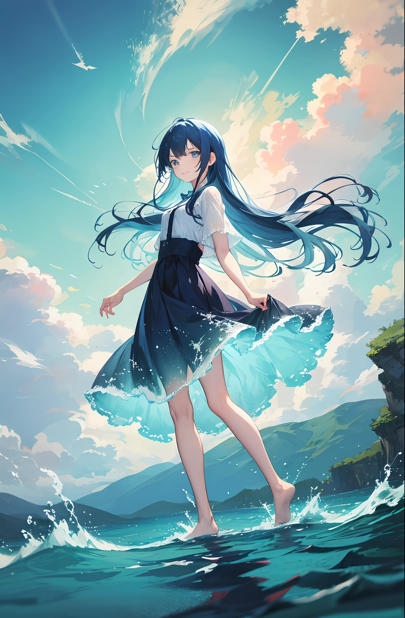 liquid clothes， 1girll， 独奏， long whitr hair， shift dresses， The barefoot， Blue hair， eBlue eyes， ​​clouds， Very long hair，  Long blue dress， liquid skirt，standing on your feet， 无袖， looking at viewert， ssmile，stood in the water，The skirt grows to the ankle