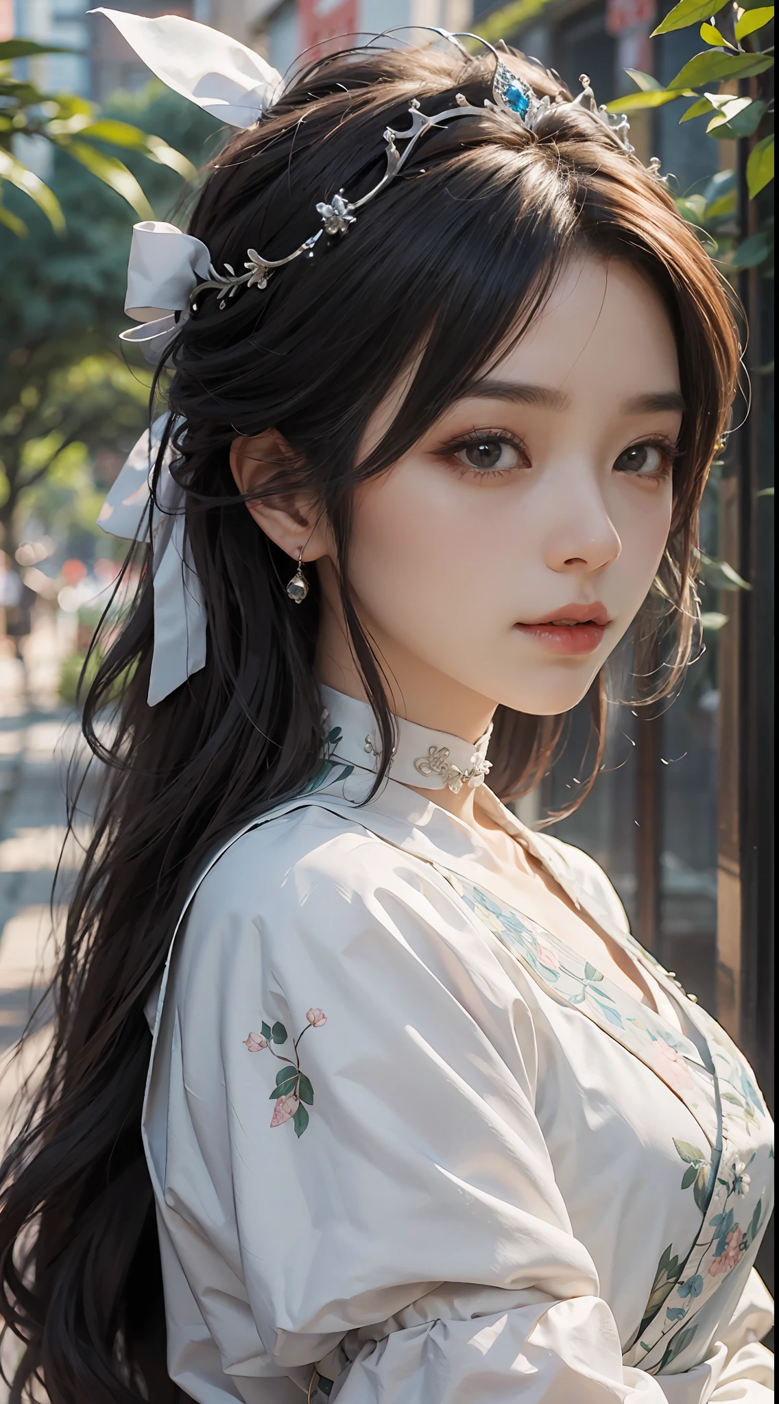 (Daisaku),(Need),(Super meticulous),best qualtiy，tmasterpiece，A high resolution，a beauti，Blushlush，Bright big eyes,Chinese Hanfu，Luxurious tiara，White light gauze Hanfu， Xianxia, conservativelydressed，choker necklace，jewelry，beautfully face，Half-life portrait，Courtyard background of ancient Chinese architecture，4k，(beautiful  detailed face),(美丽细致的眼睛)k hd，Unbeatable masterpiece