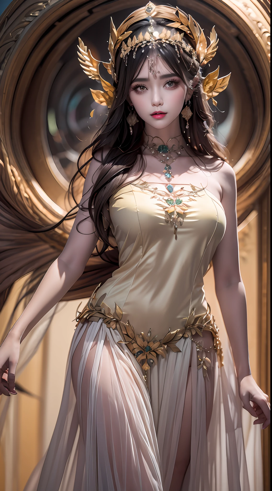 1 20 year old girl, 1 goddess Athena, pink purple silk dress, beautiful goddess Athena face without blemishes, delicate yellow nightgown, long thin sequin nightgown with many sexy black lace details, female saint legend, female saint icon, beautiful goddess style glitter, dark and mysterious version, small proportioned goddess crown, vermilion lips, delicate and beautiful pino detailing, delicate and beautiful lip detail, , (pure and flawless face: 1.9), female saint body, round chest, big and round breasts, phoenix brooch, long flat bangs, (7-color rainbow hair: 1.9), beautiful clear face and well-proportioned eyes, (transparent yellow eyes: 1.8), (big round eyes and makeup, very beautiful and meticulous hair makeup, long and delicate blonde hair, delicate, body image: 1.8), figure: and vivid, (stars that make up the sky: 1.7), (the sky of heaven and the fictitious gate of time and space: 1.8), fictional art, RAW photos, hanfu photos, best photos, high resolution, best quality, best photos, best goddess quality, 8k female, super 8 single saint portraits, truest color schemes, masterpieces, best beauty brands, best hair jewelry, brand real photo, dark studio, border light, two-tone lighting, (rose white skin: 1.4), (high skin detail: 1.1), 8k uhd, d slr, soft light, 8k, high quality, candid, volume Smooth and sharp, 10x pixel increase, sexy goddess, sexy goddess, (background space: 1.8), (most beautiful aurora eyes: 1.7), beautiful eyes, aurora beautiful and flowery, (beautiful single girl: 1.8), (single girl: 1.8),