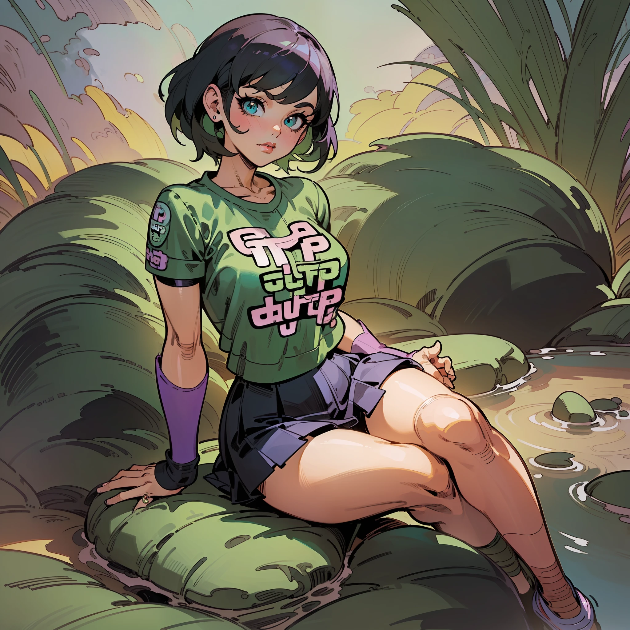 Dora the Explorer, solo, shapely thighs, perfect face, lean forward :: sit next to a stone_pool :: wearing cropped t-shirt pleated mini-skirt :: centered, full body, front view :: ((in the style of comic-book-pulp-art, GTA-V & Artgerm illustrations:1.5)) :: dynamic clean bold lines :: foliage with glowing accents as background