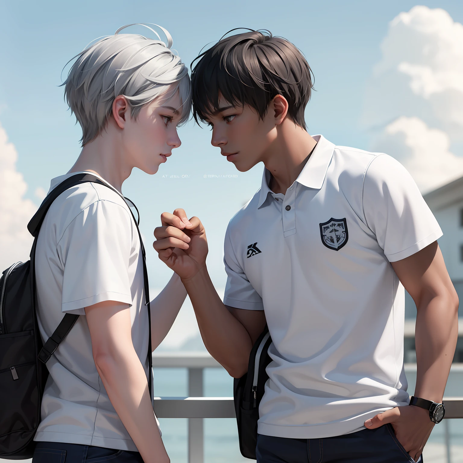Two 15-year-old teenage male friends with dark skin and light gray hair at school share a secret that they are almost brother-like friends.....