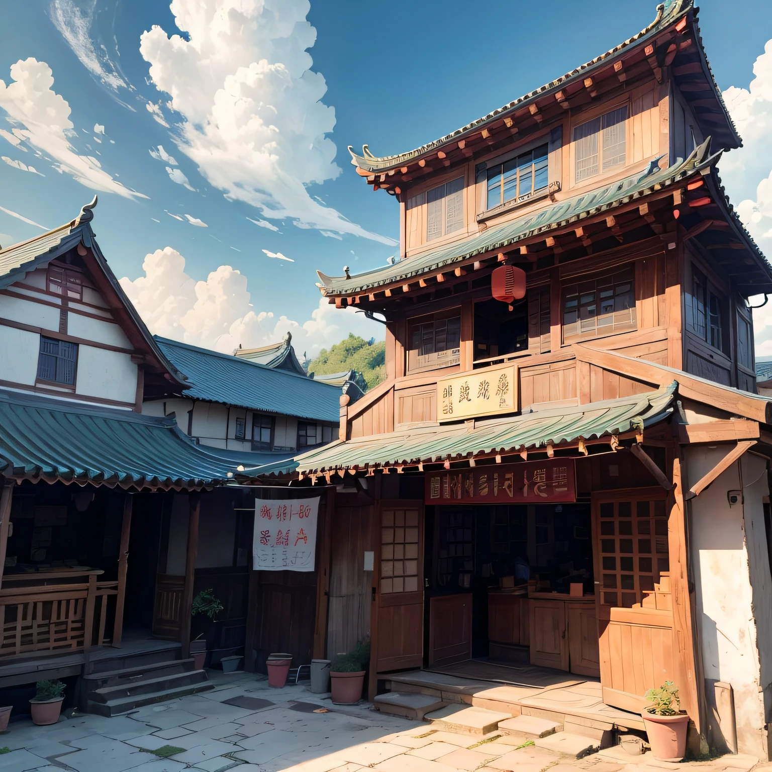 Ancient wind,Quaint,Chinese,Restaurant hostel,The exterior of the entire building,wood,multi-layer,Large detached building,In the market,with blue sky and white clouds