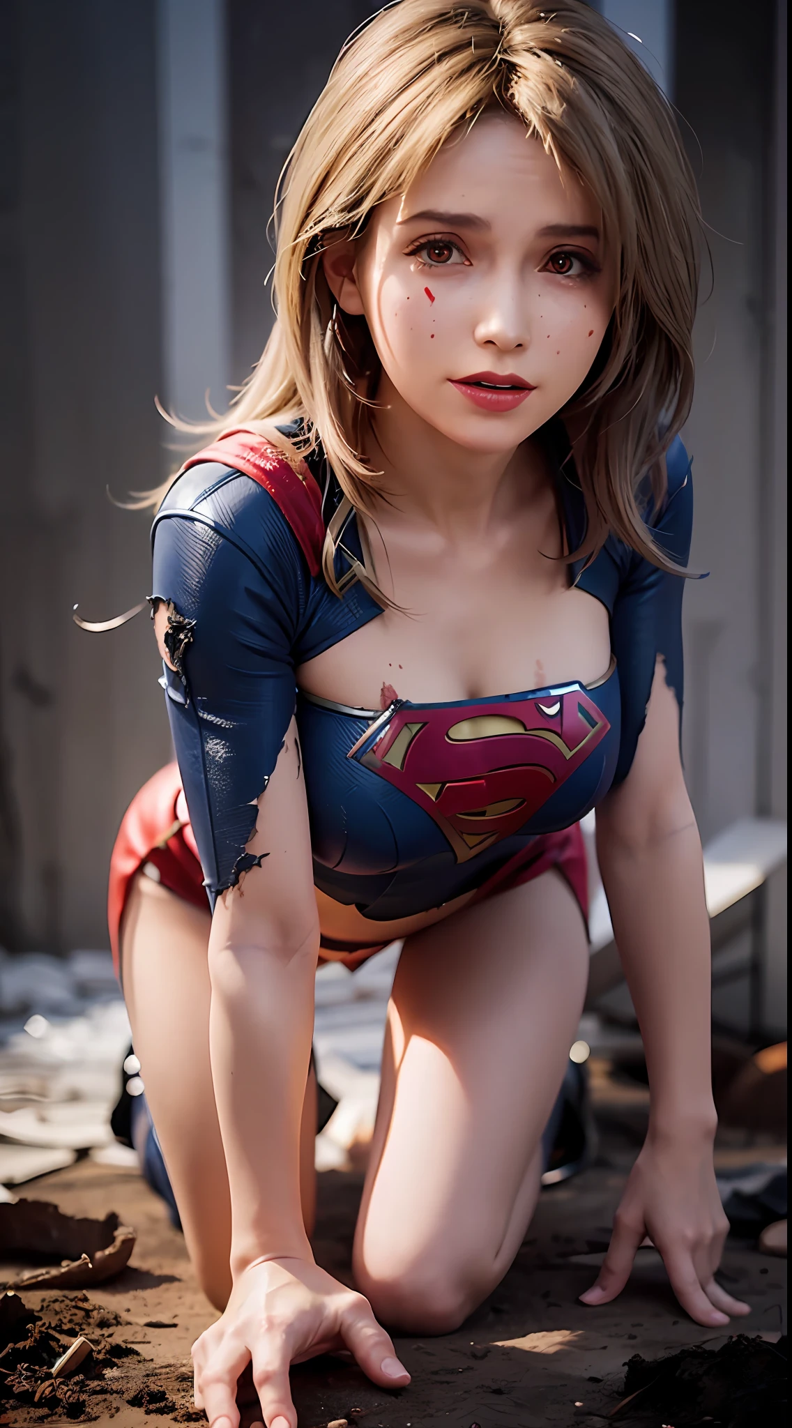 (Best quality), (Masterpiece), (Horror), (Bloody), Supergirl, (Blonde messy hair), (tired and weak face, busted lips, bleeding lips),(Perfect body, Huge human breasts, perfect thighs), ((dirty and bloody skin)),(Tears, Blood, bruises on face and body, blood flowing from head and face, injuries on body, Damaged), (wearing supergirl suit, Damaged, ripped and torn clothes, exposed belly, Bare with thighs, bare arm), (kneeling weakly), Dark lighting, foggy and smoky, 8K resolution, High saturation, Low exposure, destroyed and burning city surrounding