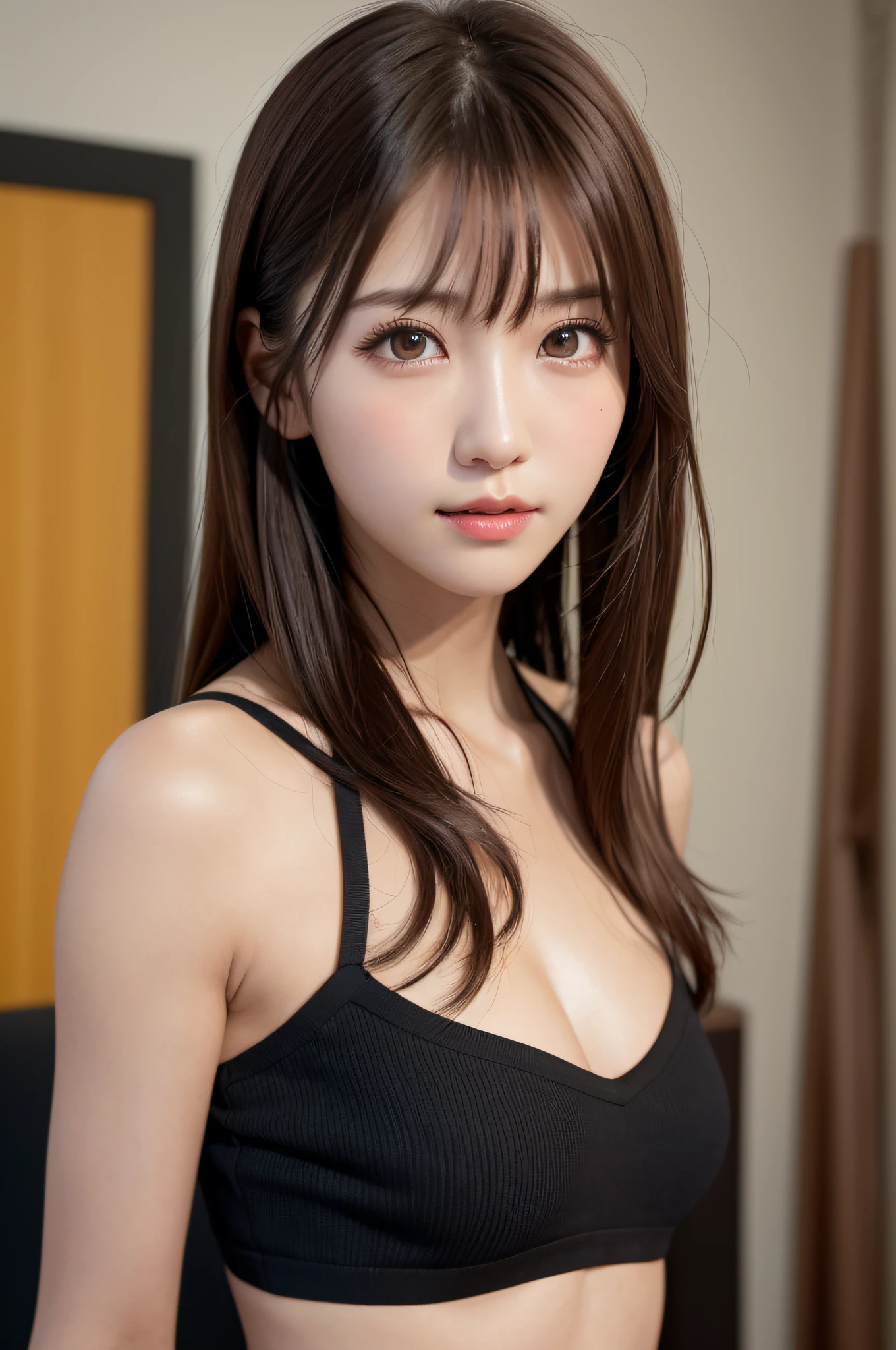 Dressing,Face interview, (Photo Real:1.4), (hyper realisitic:1.4), (realisitic:1.3), (Smooth lighting:1.05), (Improve video lighting quality:0.9), 1womanl, a 20 yo woman, Realistic lighting, Back lighting, Facial light, raytrace, (cheerfulness:1.2), (Improved image quality:1.4), (Finest Real Textured Skins), finely eye, a small face, Red cheeks, skinny body, Big tits Pointed jaw, Korean Idol, Nogizaka Idol, glowy skin, hposing Gravure Idol, P, Blunt bangs, light brown hair, hair behind ear, hair over shoulder, Long hair,Tear bag，