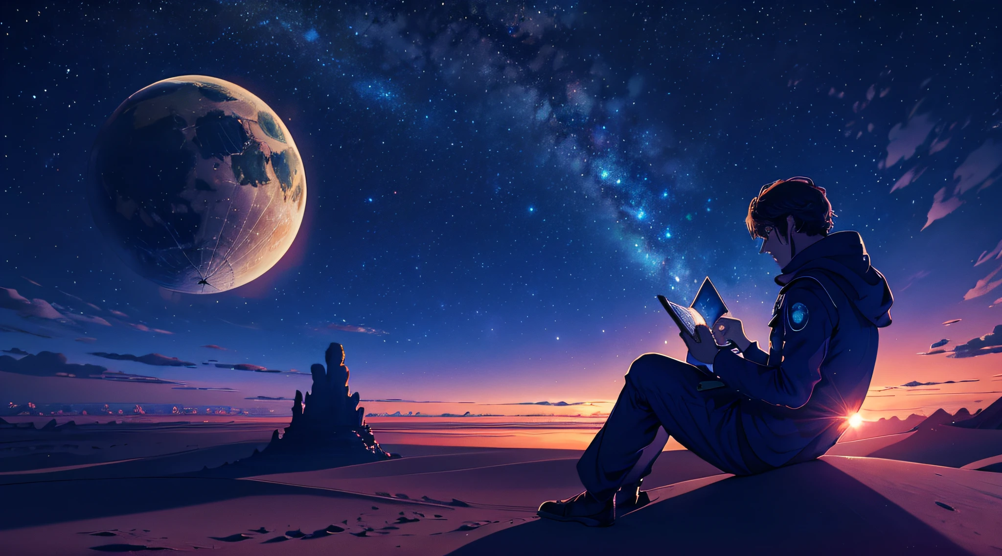 Um homem com traje espacial sentando em uma pedra , lendo, planeta deserto, 3d, starly sky, noite de luar. --auto