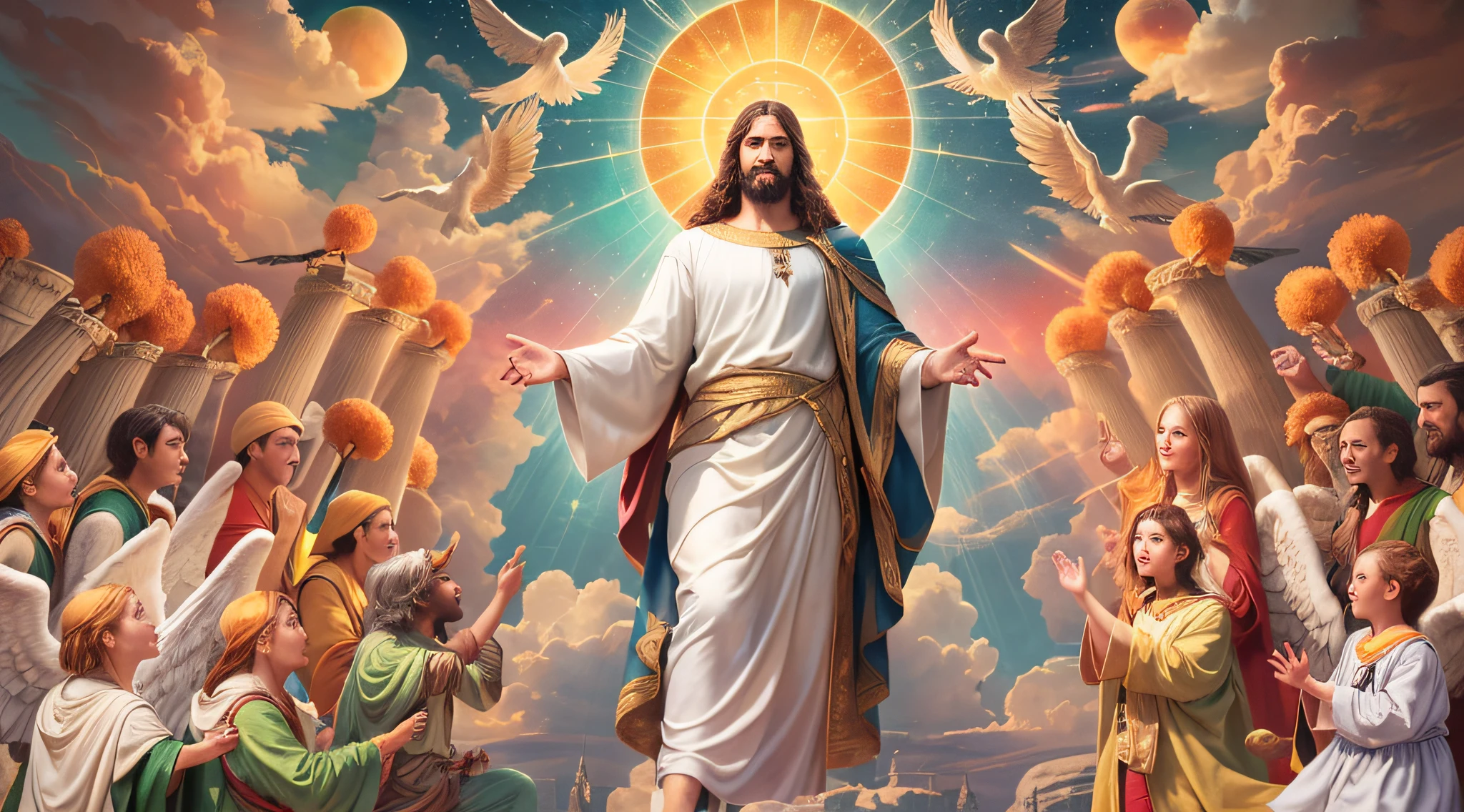 Imagem Ultrarrealista 8K: The Splendor of the Third Heaven with Jesus and God the Father!
Nesta imagem espetacular de ultrarrealismo 8K, You will see the third heaven in all its splendour, com Jesus ao lado de Deus Pai, sentados em seus tronos celestiais. The scene is full of dazzling colors and precise details, fazendo com que cada aspecto divino seja capturado magnificamente. Jesus' expression conveys peace and joy, enquanto Deus Pai irradia majestade e poder supremo. The angels around are in awe, and a sense of divine harmony permeates the whole environment. This ultra-realistic image is able to inspire spiritual reflection and connection with the divine, revealing the greatness of God's love and mercy.