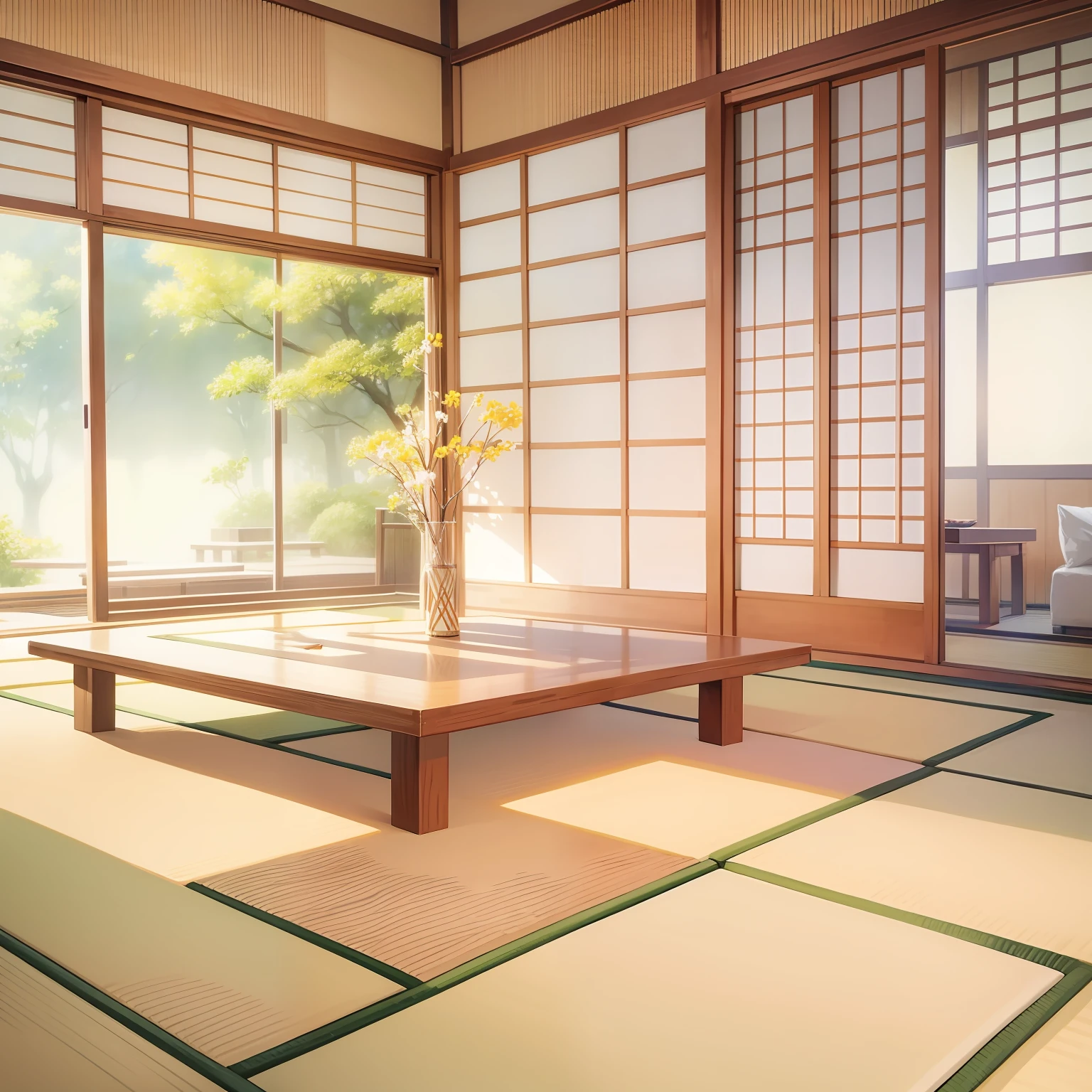 Please draw a fan in a Japanese-style room with a watercolor style illustration。The floor is tatami mats.、In the center of the room is a low table。Bright sunlight is illuminating the room