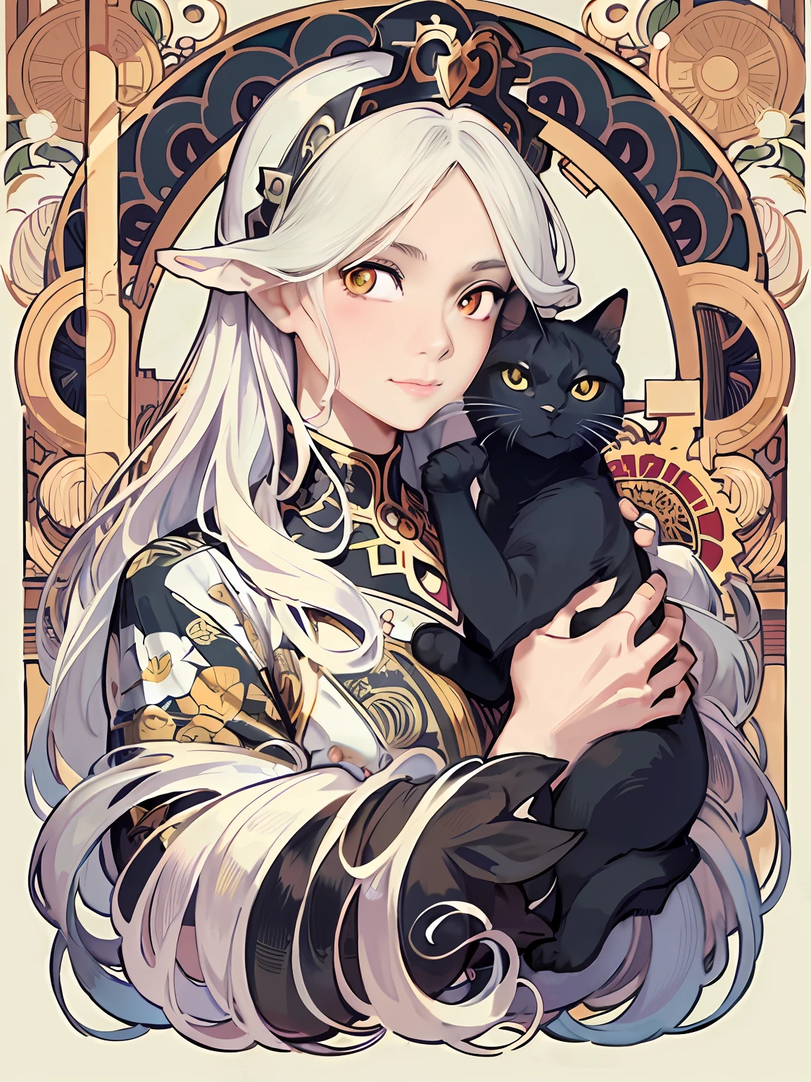 Anime - Style portrait of a woman holding a cat in her arms, Alphonse mucha and rossdraws, Guviz-style artwork, Anime fantasy illustration, beautiful anime catgirl, trending on artstation pixiv, Guweiz in Pixiv ArtStation, White Cat Girl, Digital anime illustration, Fantasy art style, anime art nouveau