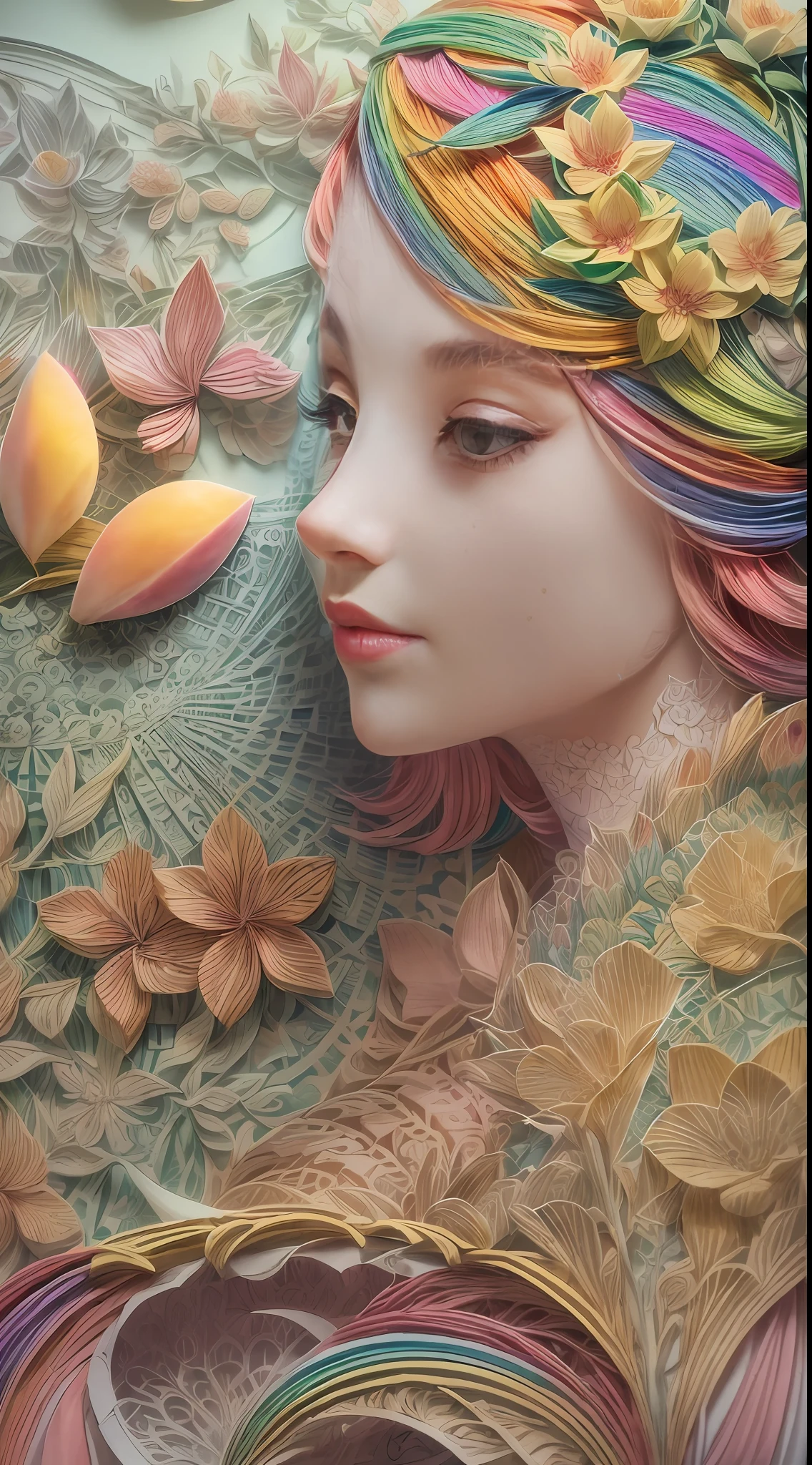 Rainbow Colors theme,(1 girl,Masterpiece peach blossoms), (illustration:1.2,paper art:1.2, zentangle:1.2, geomerty:1.2,3D render),(Best quality, Detailed details, Masterpiece, offcial art, movie light effect, 4K, Chiaroscuro)