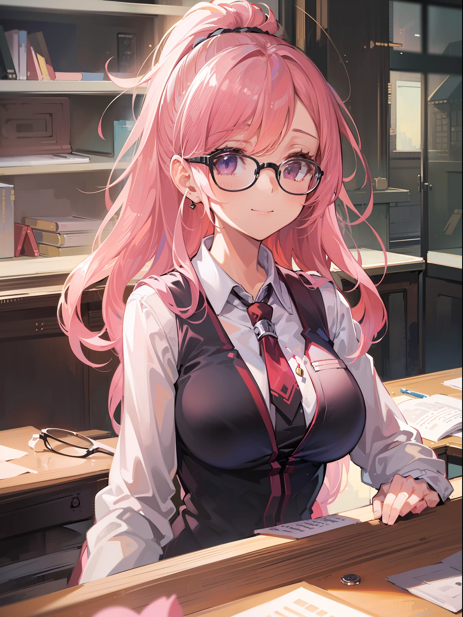 (((Masterpiece))),(((Best quality))),(((Amazing detail))),((illustration)),((A high resolution)),((8K)),((Anatomically correct)),Pink Long Hair,High ponytail,Delicate hair,a matural female,black-frame glasses,Light smile,adjusting eyewear,angle of view,Anime,Depth of field,Classroom Background,Sunset,Soft light,From above,Lens flare,Medium breasts,