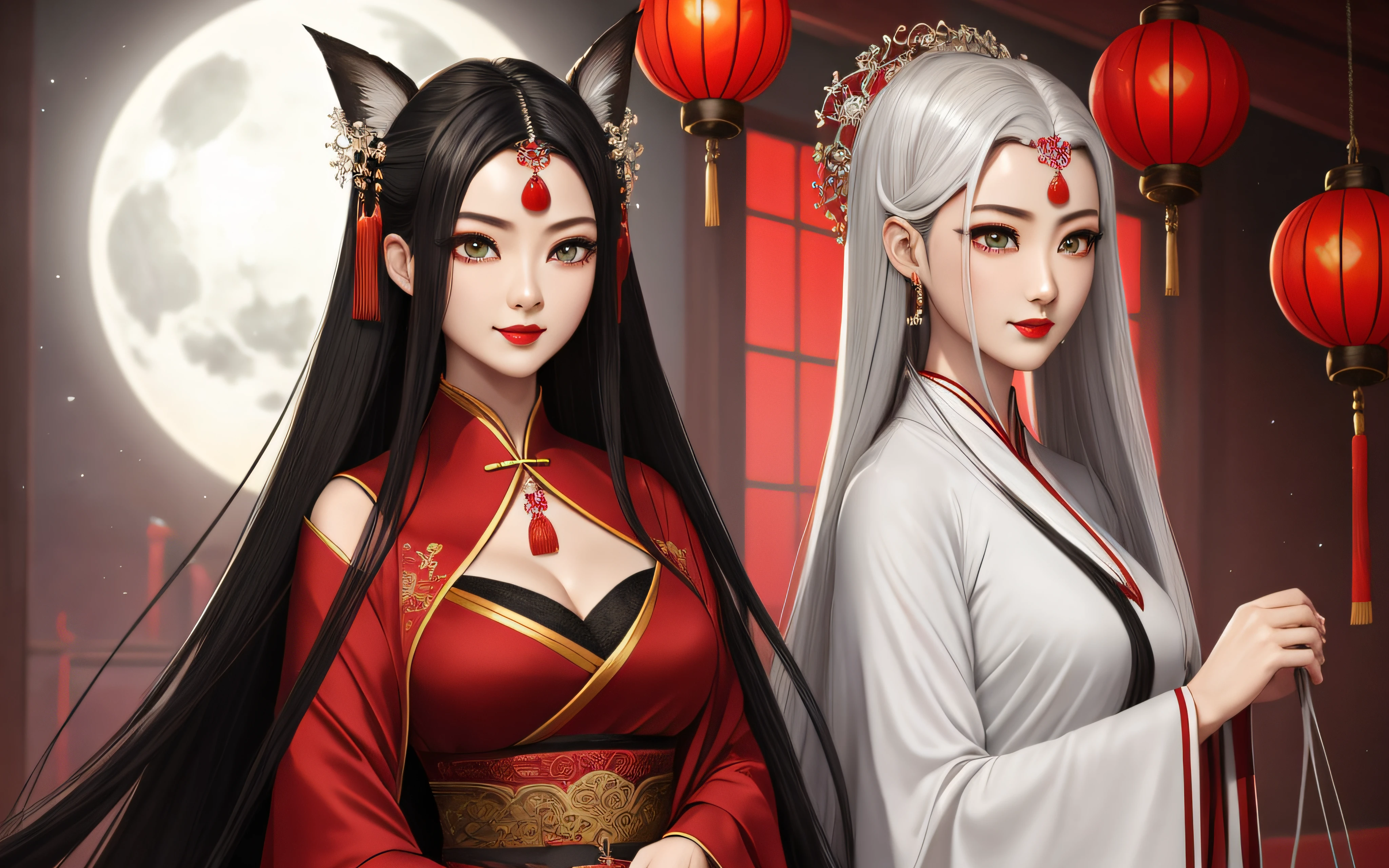 cabelos preto e longos,largeeyes,Red pupils,Red lips,tear-mole,Tamate,jade foot,Melon seed face,Small lips,tall nose bridge,Chinese style girl,Sister,Nine-tailed fox fairy,Hanfu,Red wedding dress,big breasts enchanting,Hook the soul,Feminine and seductive,Flirtatious,ssmile,amaryllis,White moonlight,High-definition detailed drawings,tmasterpiece。 --auto
