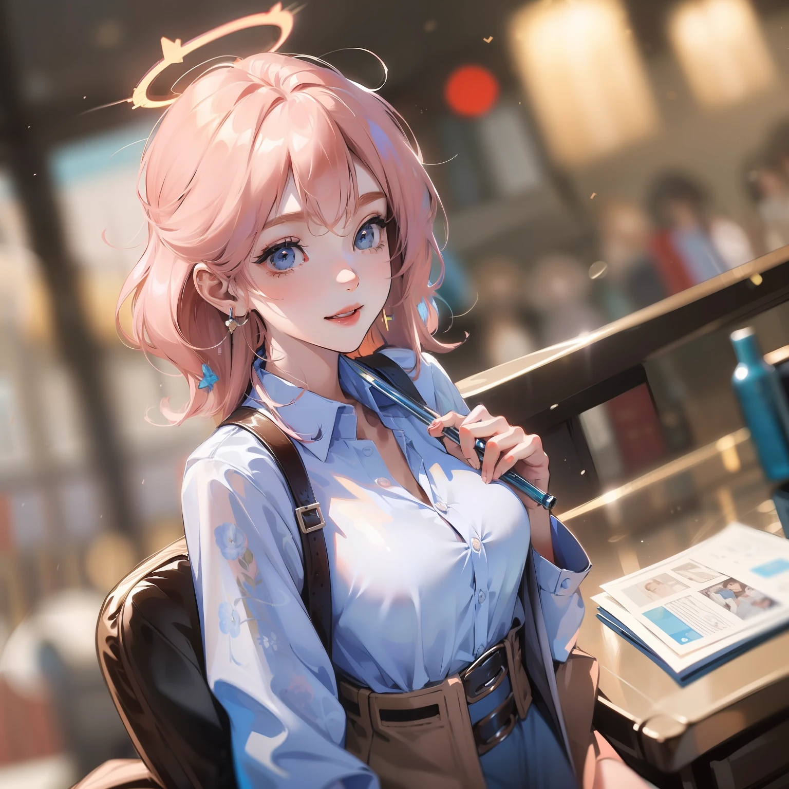 ((masterpiece, best)),(1girl),((mature woman)), light pink hair, halo, trumpet, ((office lady)), bangs, mid-chest, (full), slim, smiling, [wide hips ], office, standing, aru \(blue file\),