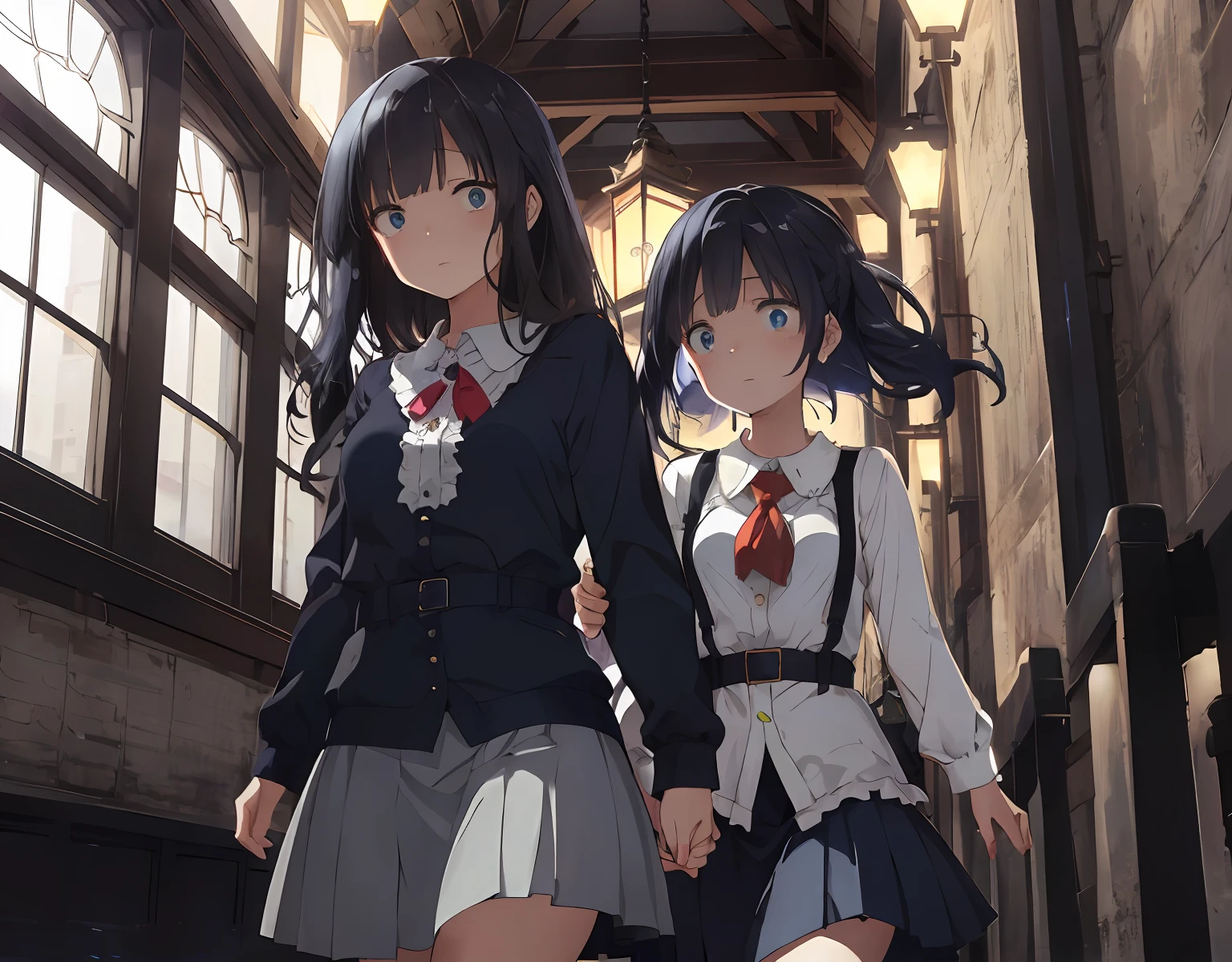 masterpiece, best quality, ultra-detailed, illustration, an extremely delicate and beautiful, cute, girl, energetic, active, anime, 1girl, cute, soft lighting, black hair, labyrinth, Mysterious world, Alice, night, rain outside the window, lanthanum, search, adventure, run away, chased, woman with black hair and blue eyes, dark blue colored skirt, intricate building, complex architecture, dynamic angle, cinematic angle, indoor , wide shot, run, huge building, dark and light, troubled eyebrows, scared, anguish, white blouse, decadent,Twin girls, hand in hand Together, drifting, where are we? , looking around