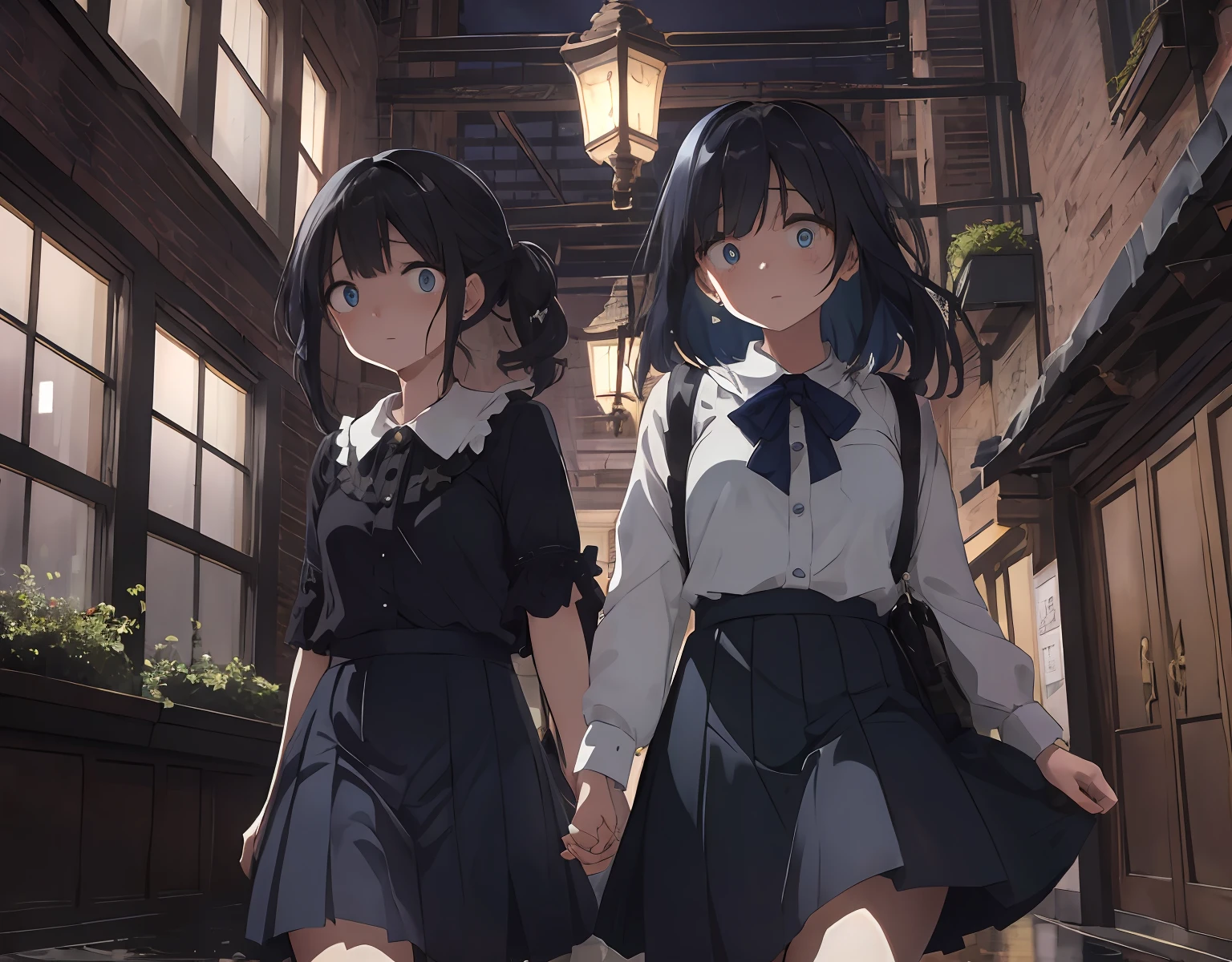 masterpiece, best quality, ultra-detailed, illustration, an extremely delicate and beautiful, cute, girl, energetic, active, anime, 1girl, cute, soft lighting, black hair, labyrinth, Mysterious world, Alice, night, rain outside the window, lanthanum, search, adventure, run away, chased, woman with black hair and blue eyes, dark blue colored skirt, intricate building, complex architecture, dynamic angle, cinematic angle, indoor , wide shot, run, huge building, dark and light, troubled eyebrows, scared, anguish, white blouse, decadent,Twin girls, hand in hand Together, drifting, where are we? , looking around