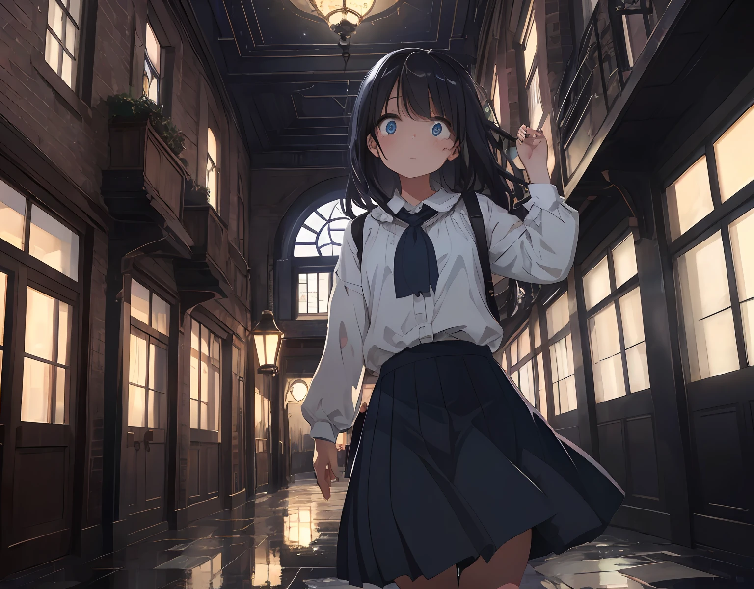 masterpiece, best quality, ultra-detailed, illustration, an extremely delicate and beautiful, cute, girl, energetic, active, anime, 1girl, cute, soft lighting, black hair, labyrinth, Mysterious world, Alice, night, rain outside the window, lanthanum, search, adventure, run away, chased, woman with black hair and blue eyes, dark blue colored skirt, intricate building, complex architecture, dynamic angle, cinematic angle, indoor , wide shot, run, huge building, dark and light, troubled eyebrows, scared, anguish, white blouse, decadent,Twin girls, hand in hand Together, drifting, where are we? , looking around