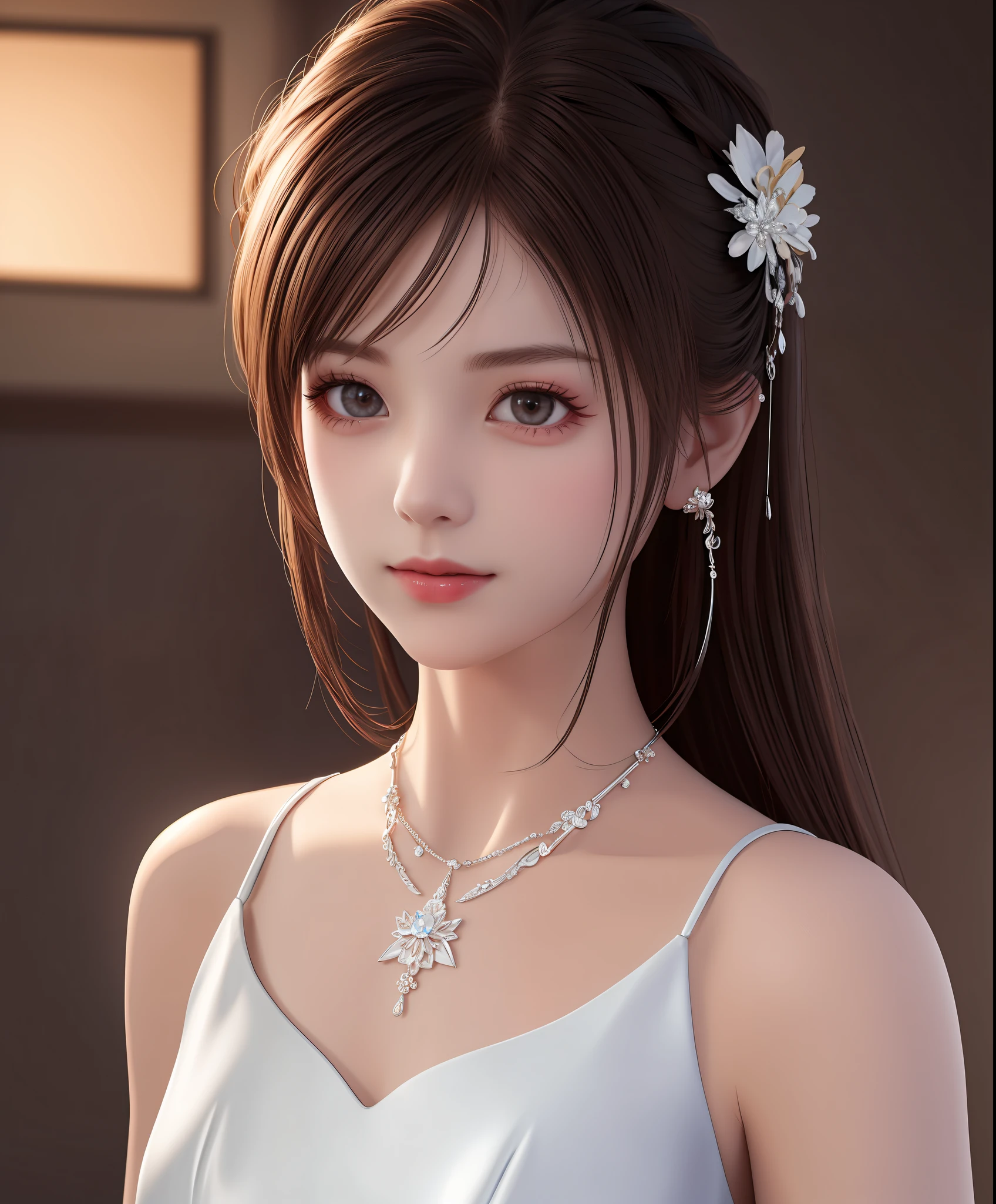 Best quality, masterpiece, high resolution, 1girl, porcelain dress, hair accessories, necklace, jewelry, beautiful face, on the body, Tyndall effect, realistic, dark studio, edge lighting, two-tone lighting, (high detail skin: 1.2), 8k UHD, dslr, soft light, high quality, volumetric light, candid, photo, high resolution, 4k, 8k, background blur,