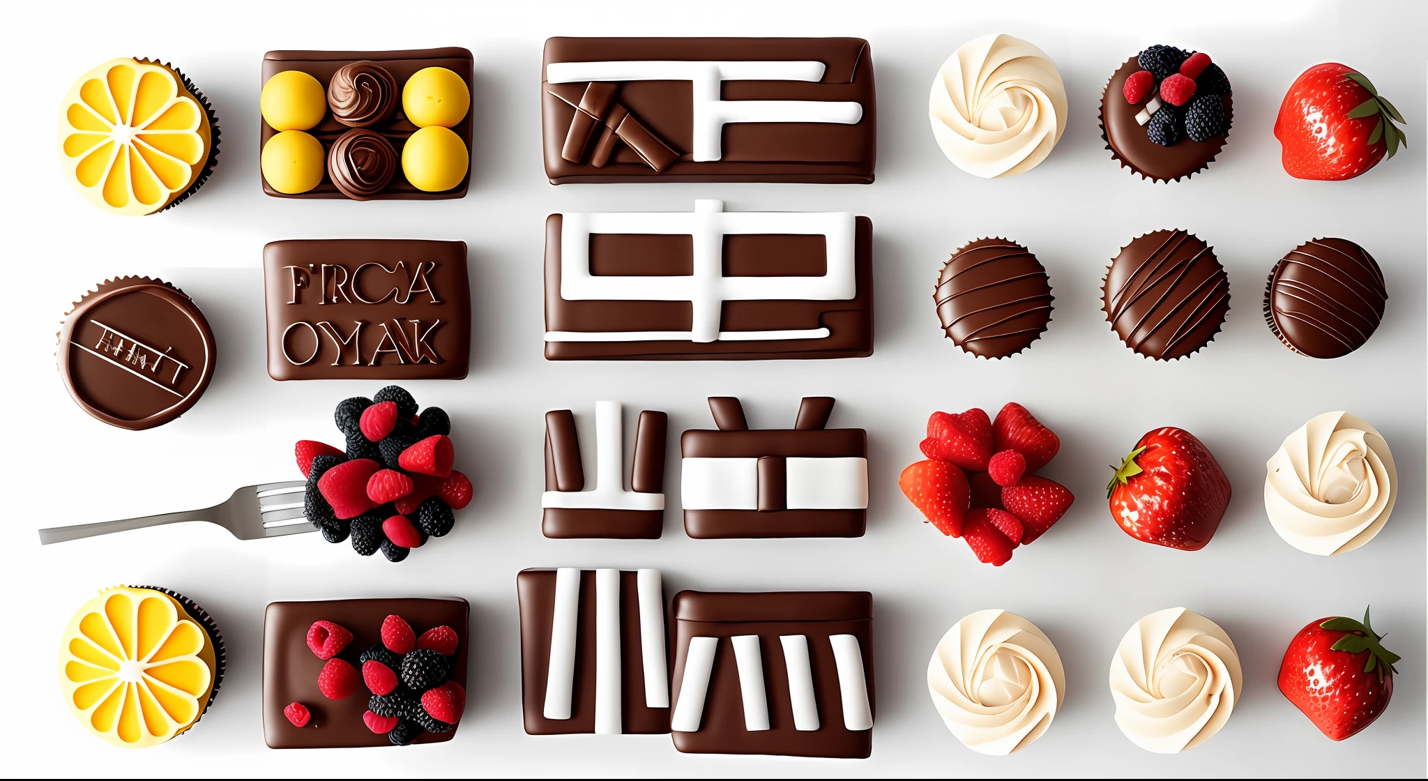 （Cupcakes）,the fruits, chocolate bar, cream,white colors， Knives and forks