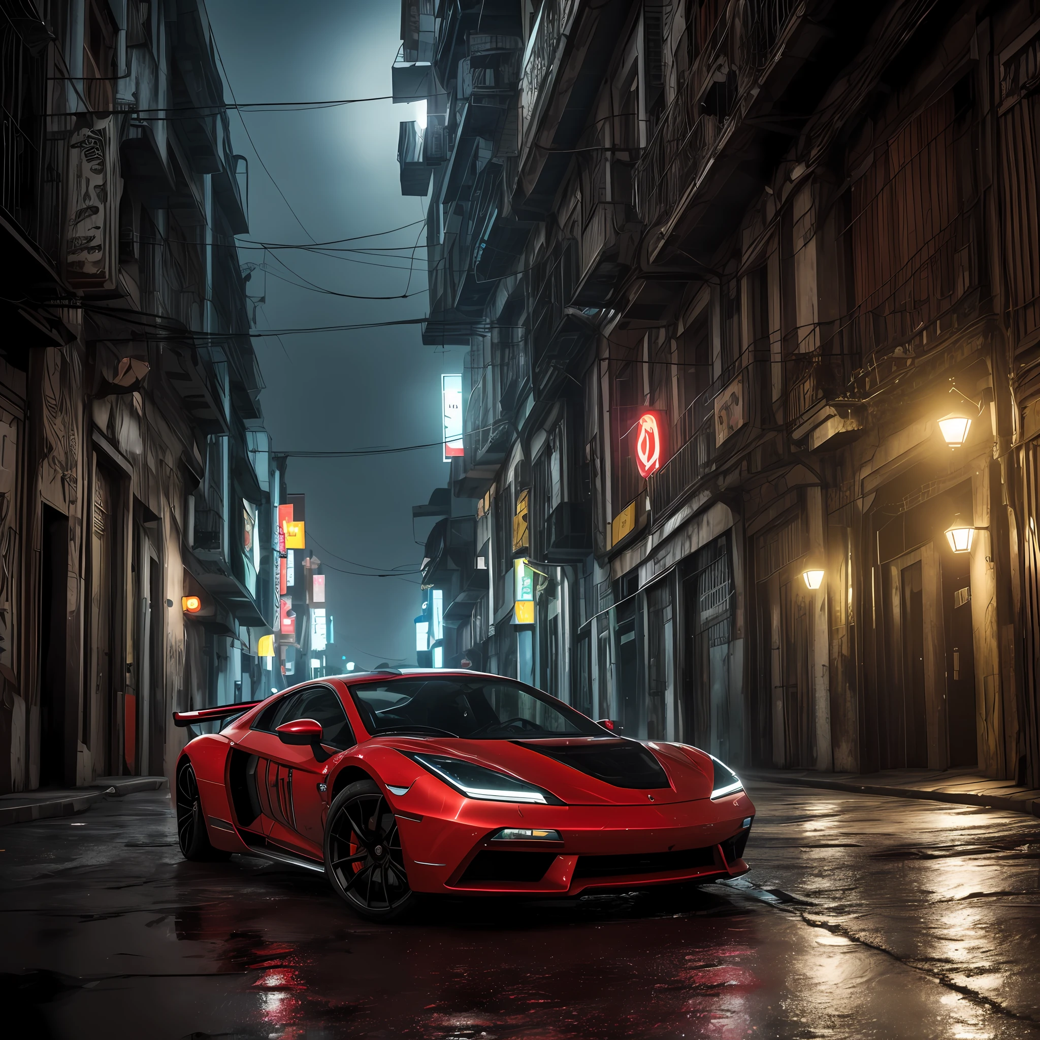 um carro vermelho do futuro na chuvosa cidade cyberpunk (((cinematic lighthing))), noite, chuva, luz suave do cinema, adobe lightroom, photographic lab, hdr, imenso detalhe, fotorrealismo, fotografia profissional