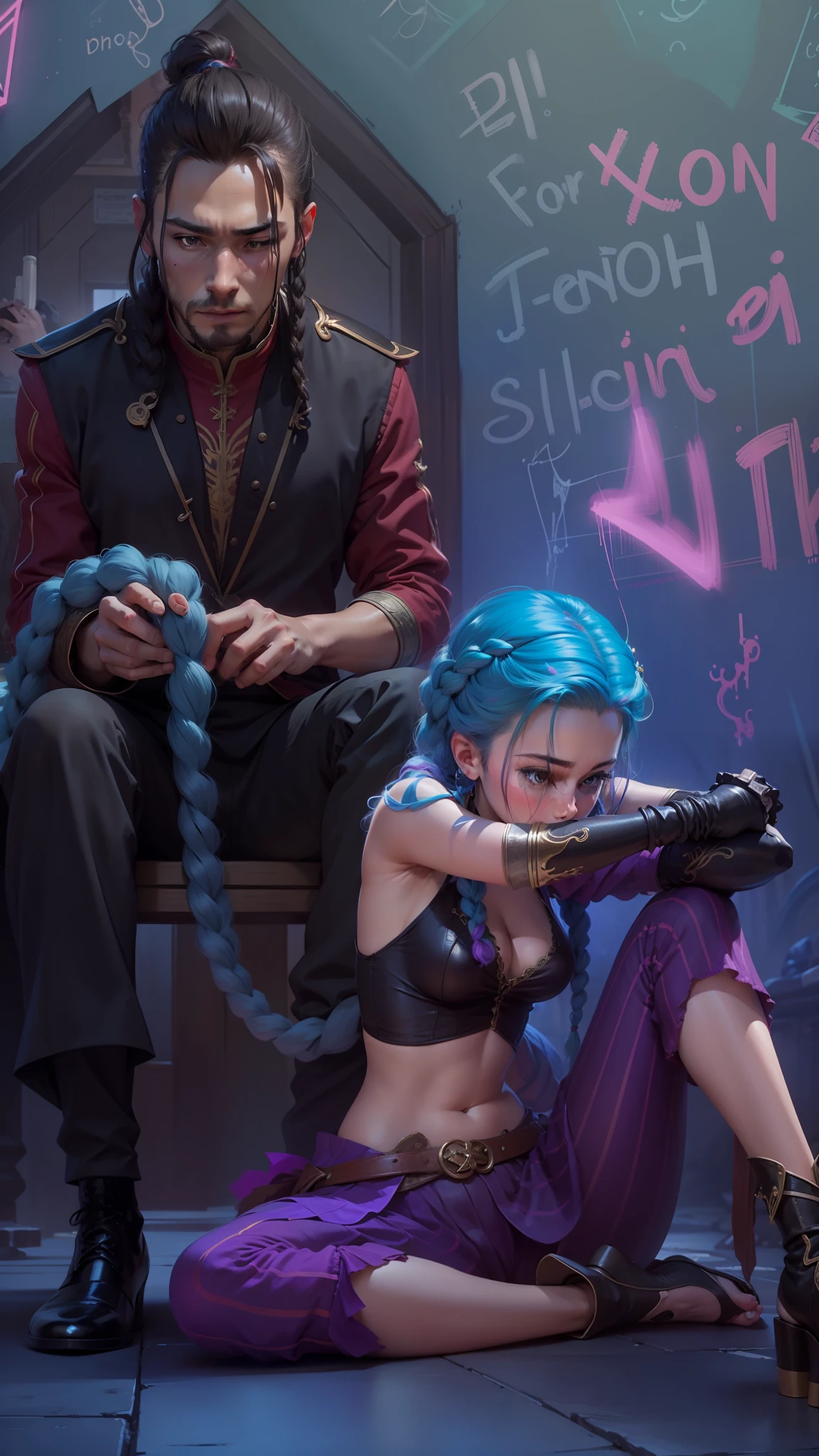 1 man braiding a girl's hair, azarar, Silco de Arcane. azarar e Silco. azarar de Arcane