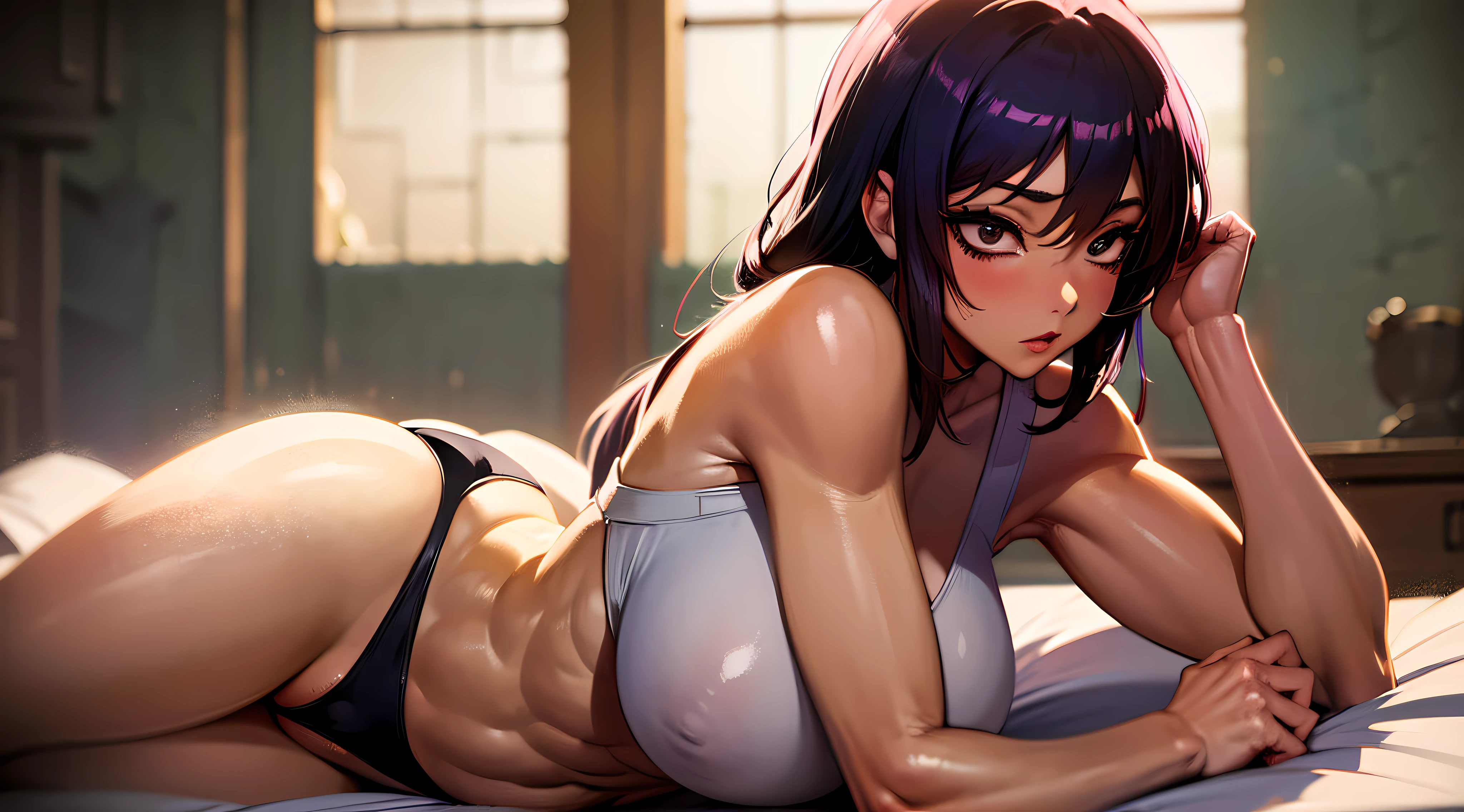 (Masterpiece, high resolution, anime-inspired:1.5), Take sensual photos in a Japanese-style room,Starring Tsunade Senju, Only wear small, Reveal thongs and tight bras,Highlight her breasts and reveal her curves, (Sexy and feminine body:1.2), (Strong and clear physique:1.3), (Charming Japanese décor:1.4), Create a sophisticated atmosphere, (subtly lit:1.1), Cast seductive shadows, (Whispering sexiness:1.3), Capture the essence of glamour and femininity.