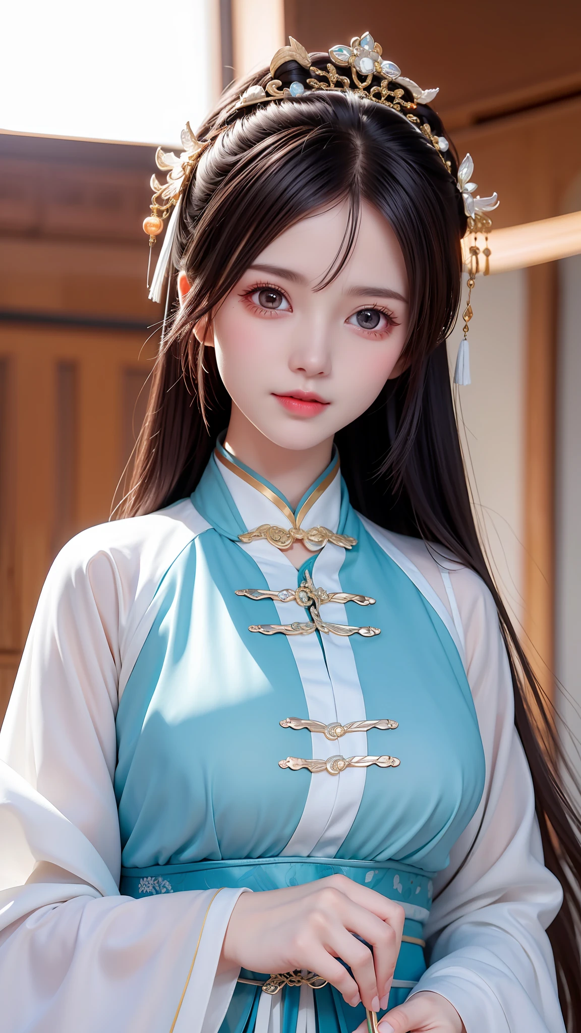 (Daisaku),(Need),(Super meticulous),best qualtiy,tmasterpiece,A high resolution,a beauti,Blushlush,Bright big eyes,Chinese Hanfu,Luxurious tiara,White light gauze Hanfu, Xianxia, conservativelydressed,choker necklace,jewelry,beautfully face,Half-life portrait,Courtyard background of ancient Chinese architecture,8k wallpaper,tmasterpiece,Best quality at best,ultra - detailed,(beautiful detailed face),(美丽细致的眼睛)k hd,Unbeatable masterpiece