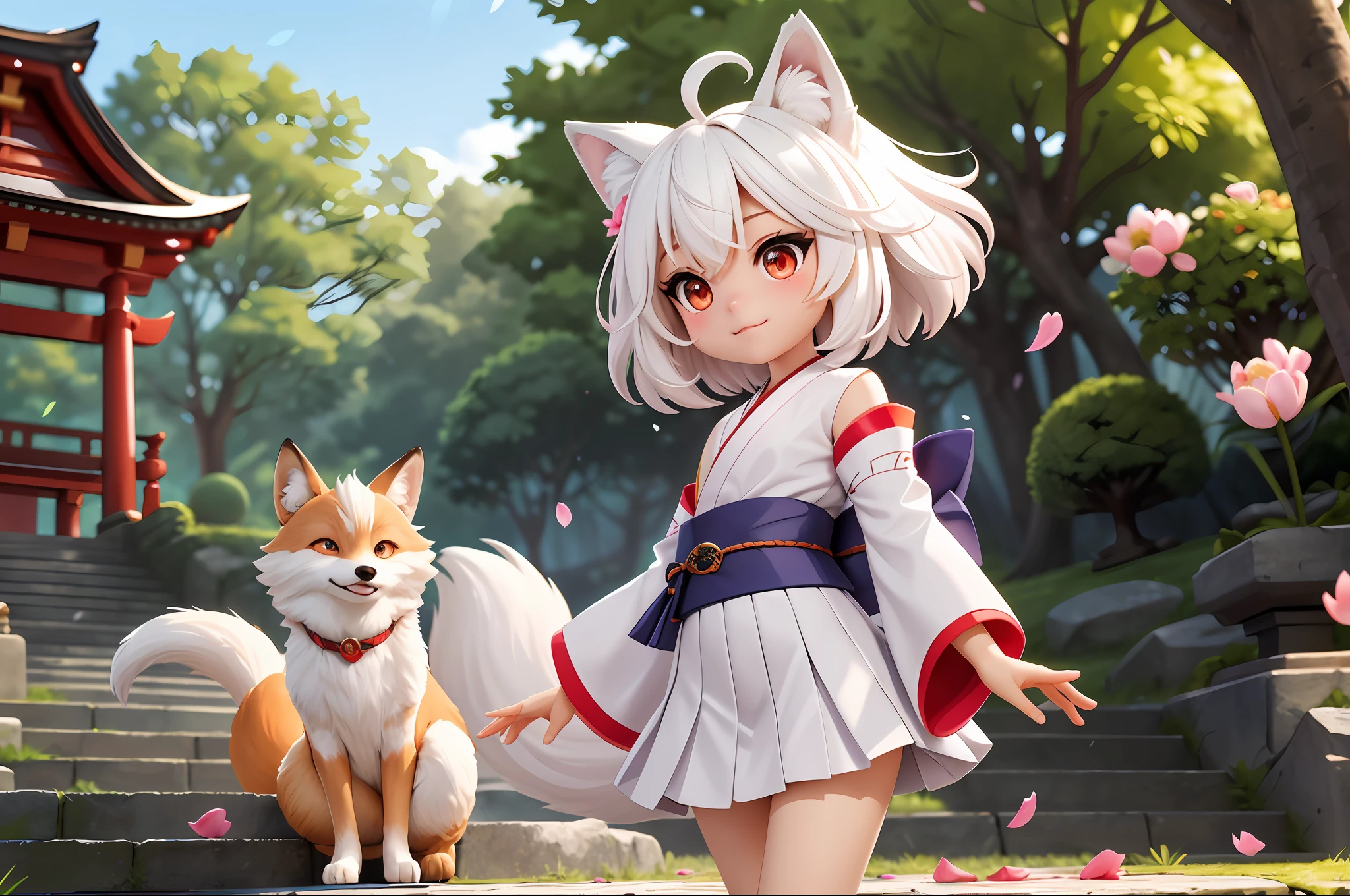 Fox Girl, Short hair, White hair, Wolf ears, Red Eyes, Detached long sleeves, White kimono, Pleated miniskirt, Fox tail, The fox's tail is nine tails,diffuse sunlight, depth of fields, light Particle, strong breeze,
Blue sky, shrines, stone stairs, petals falling, Face Focus
