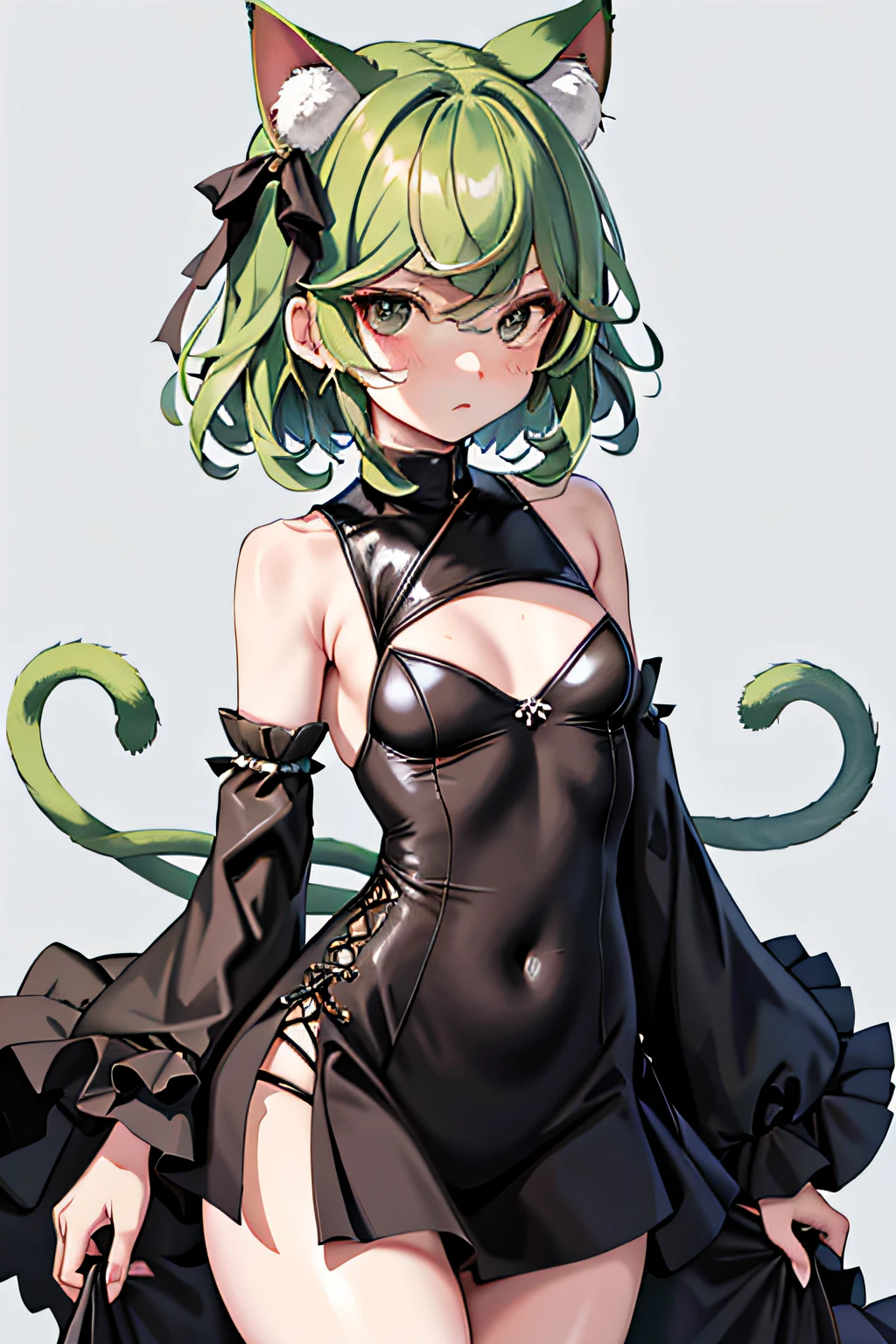 tatsumaki, 1girl, animal ears, solo, green eyes, cat ears, green hair, breasts, small breasts, curly hair, black dress, looking at viewer, covered navel, simple background, long sleeves, dress, animal ear fluff, thighs, closed mouth, highleg, flipped hair, blush, korean text, bangs, short hair, medium hair, cowboy shot