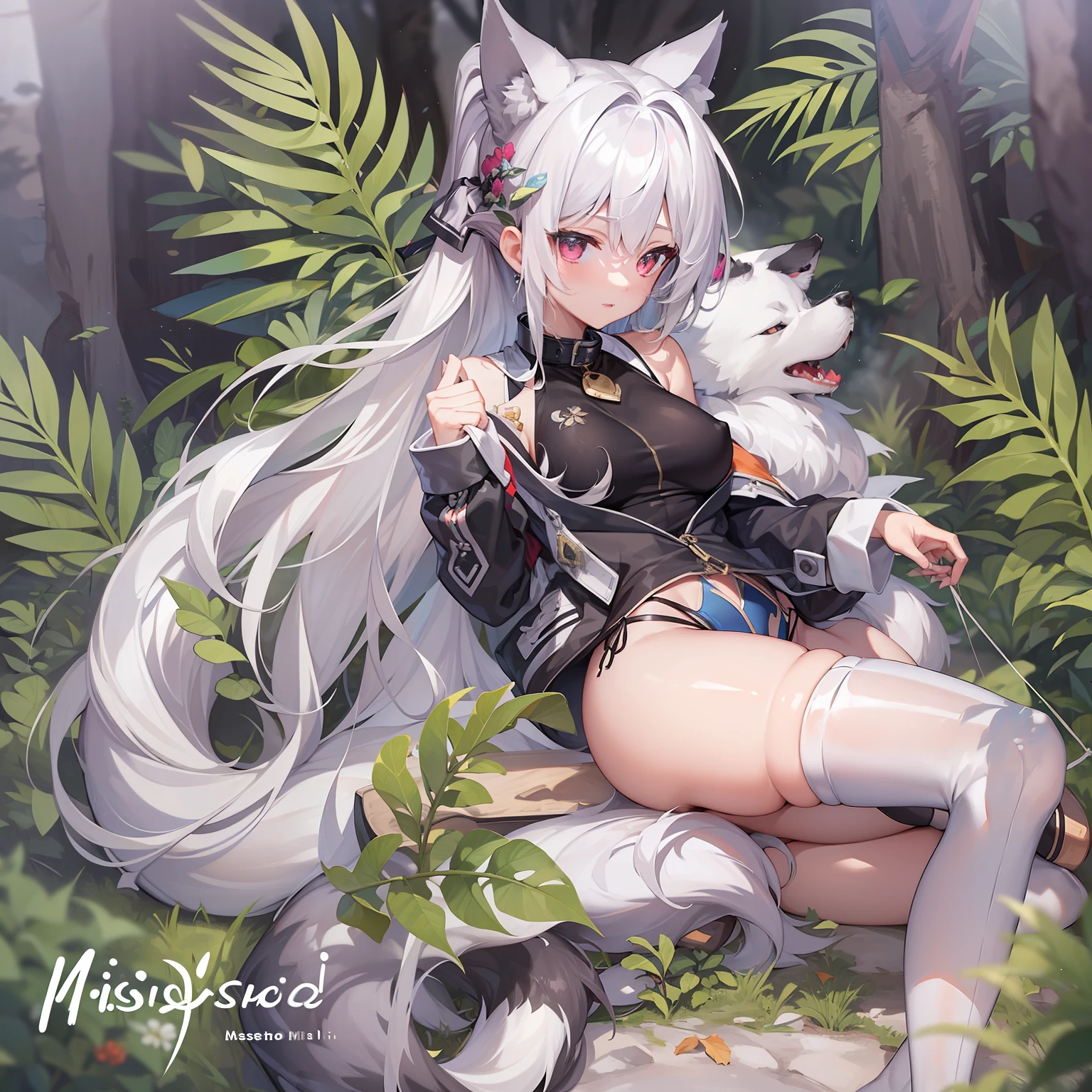((Masterpiece)), (Best Quality), Solo, miosha1, hair ornament, ponytail, wolf tail, swimsuit, white shorts, thigh strap, black jacket, leaf print, collar, string bikini, (NSFW:1.2)