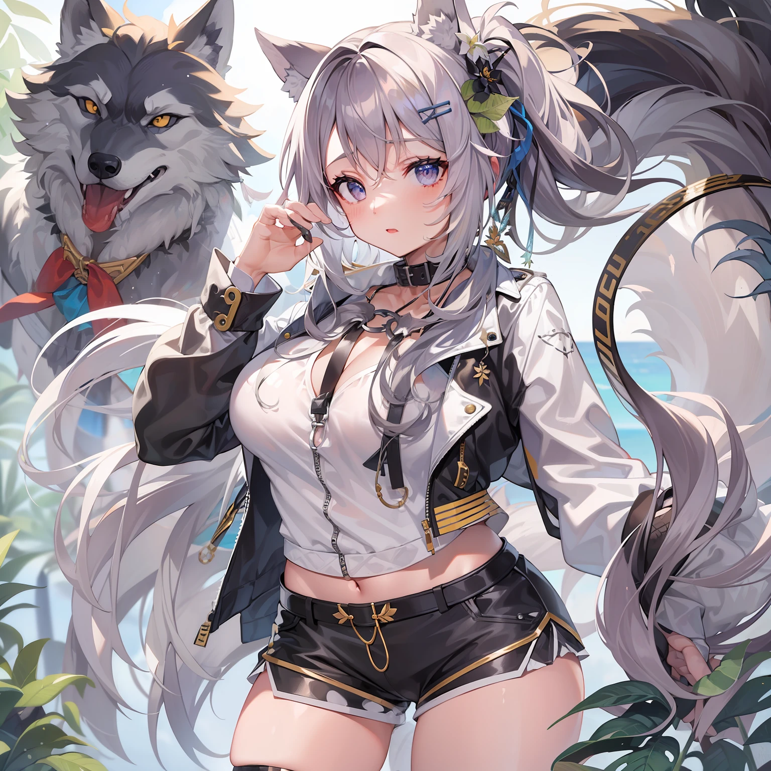 ((Masterpiece)), (Best Quality), Solo, miosha1, hair ornament, ponytail, wolf tail, swimsuit, white shorts, thigh strap, black jacket, leaf print, collar, string bikini, (NSFW:1.2)