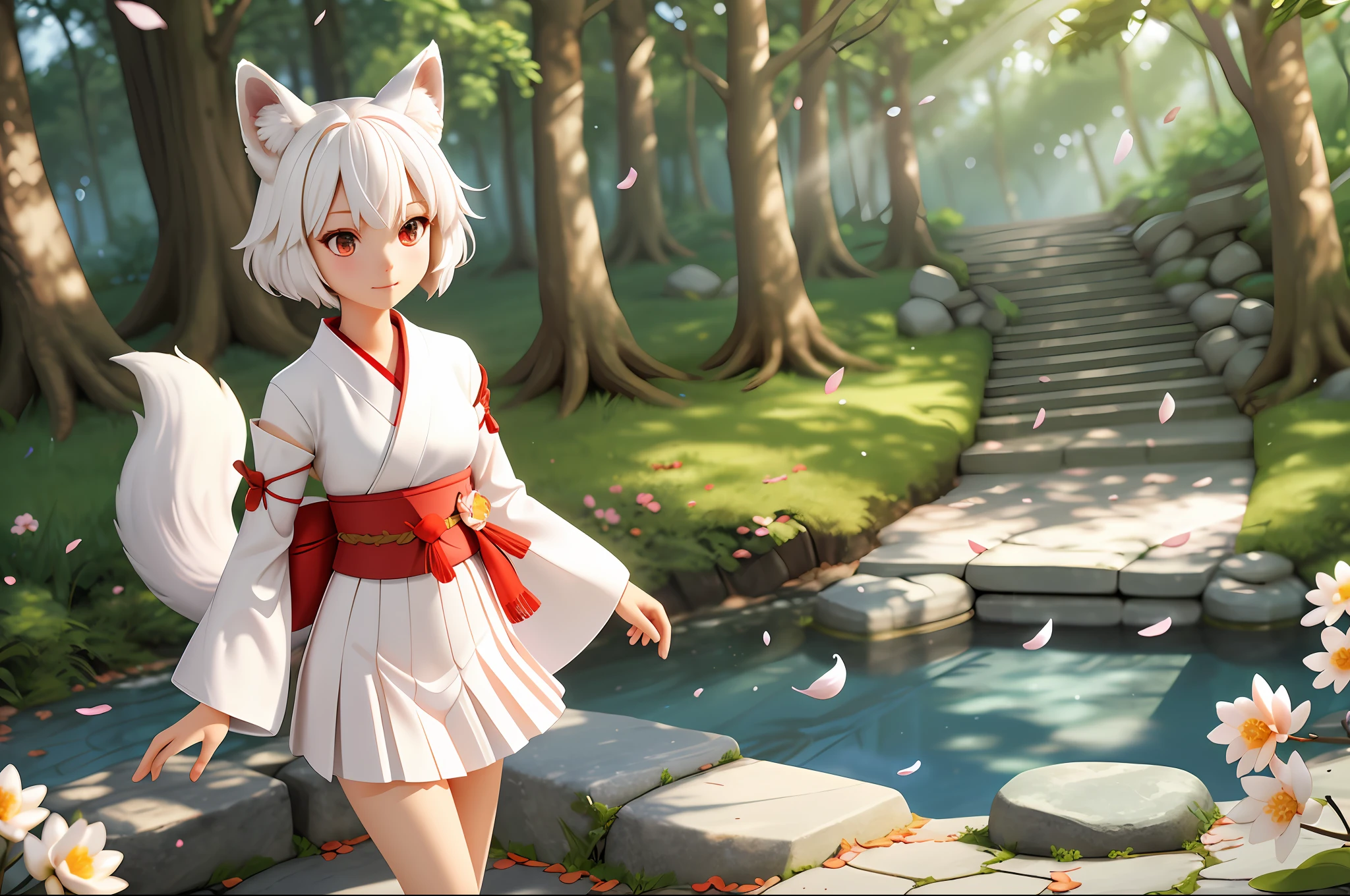 Fox Girl, Short hair, White hair, Wolf ears, Red Eyes, Detached long sleeves, White kimono, Pleated miniskirt, Fox tail, Nine-Tailed Fox.diffuse sunlight, depth of fields, light Particle, strong breeze,
Blue sky, shrines, stone stairs, petals falling, Face Focus