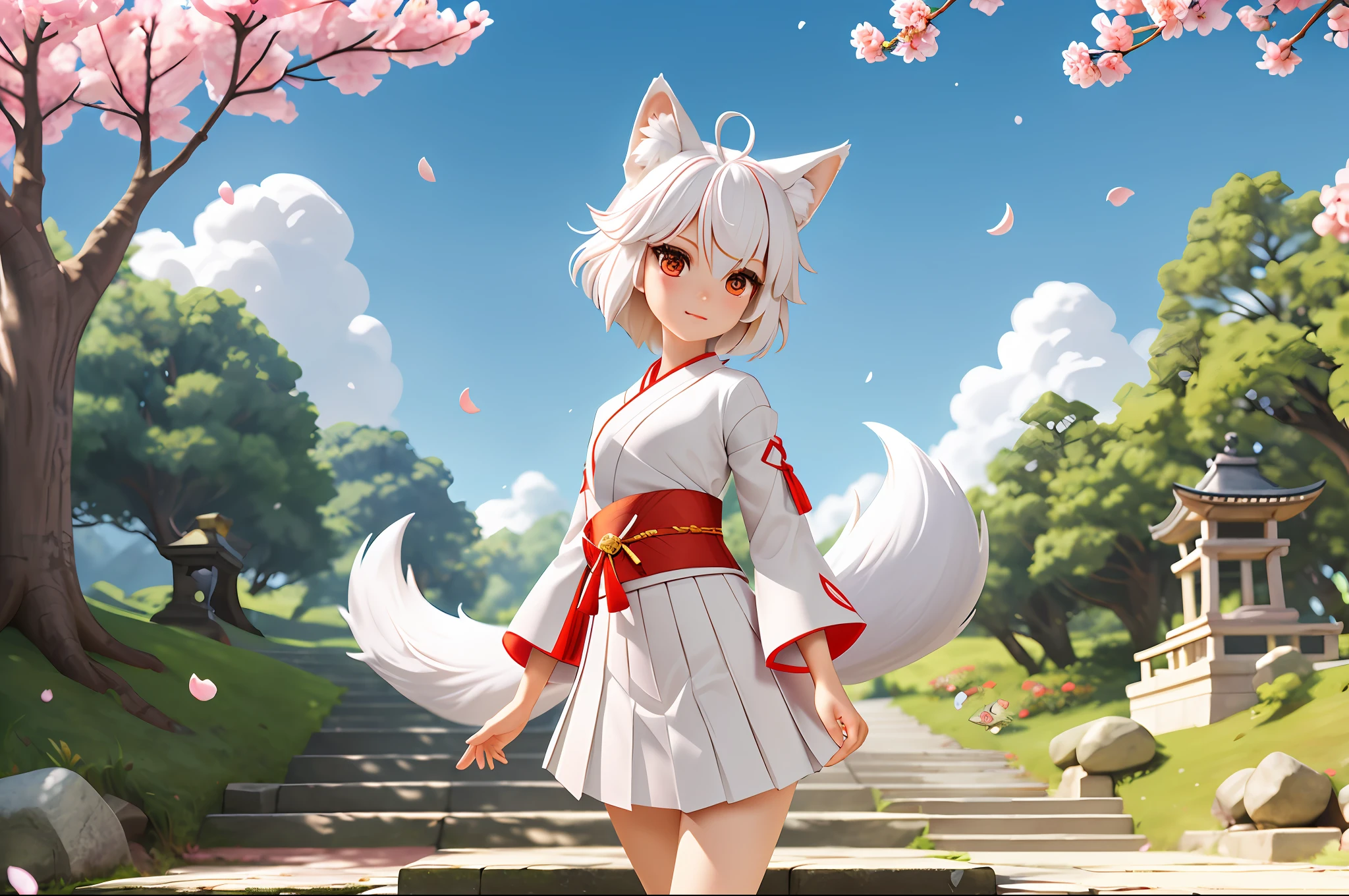 Fox Girl, Short hair, White hair, Wolf ears, Red Eyes, Detached long sleeves, White kimono, Pleated miniskirt, Fox tail, Nine-Tailed Fox.diffuse sunlight, depth of fields, light Particle, strong breeze,
Blue sky, shrines, stone stairs, petals falling, Face Focus
