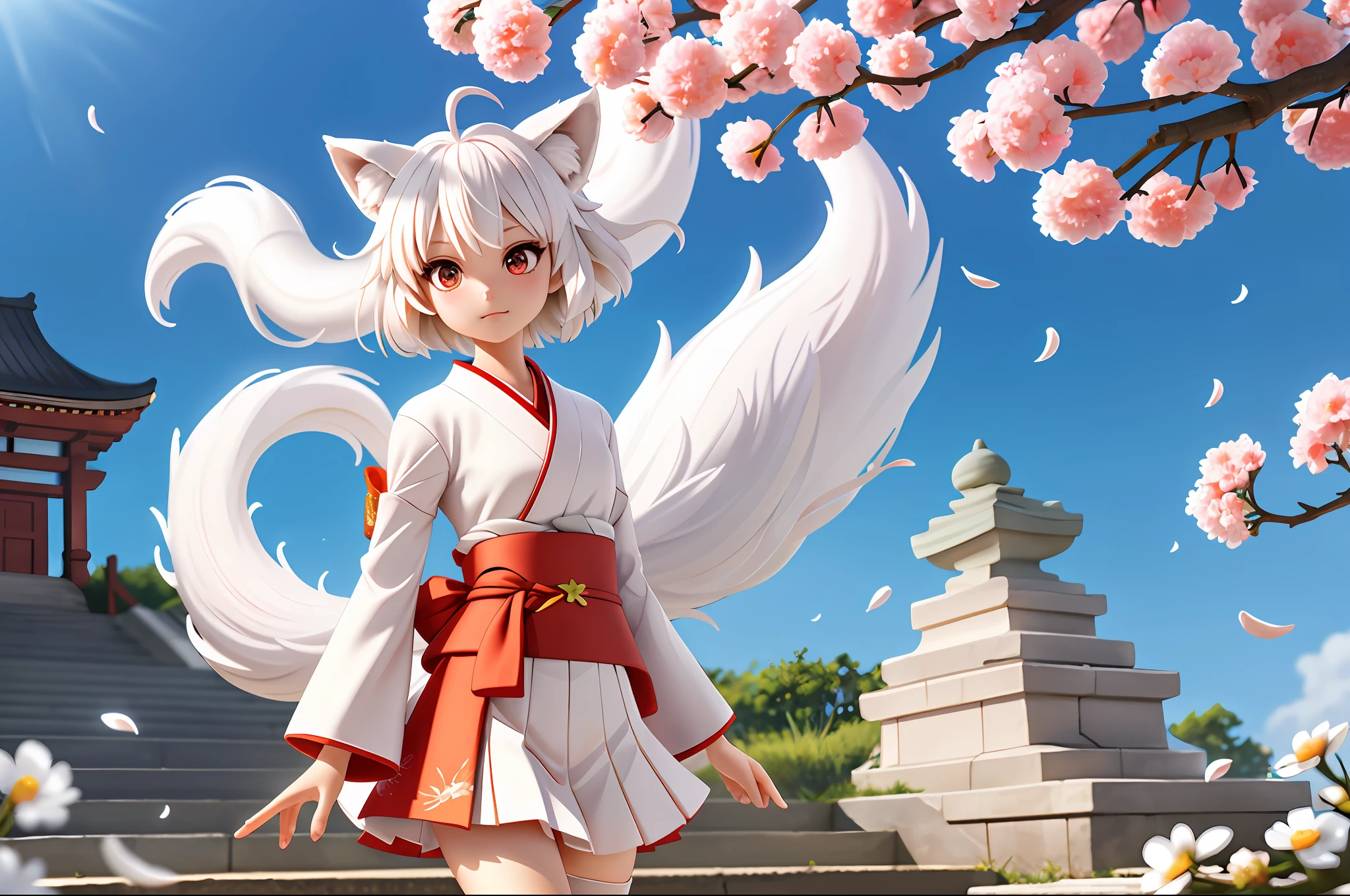 Fox Girl, Short hair, White hair, Wolf ears, Red Eyes, Detached long sleeves, White kimono, Pleated miniskirt, Fox tail, Nine-Tailed Fox.diffuse sunlight, depth of fields, light Particle, strong breeze,
Blue sky, shrines, stone stairs, petals falling, Face Focus