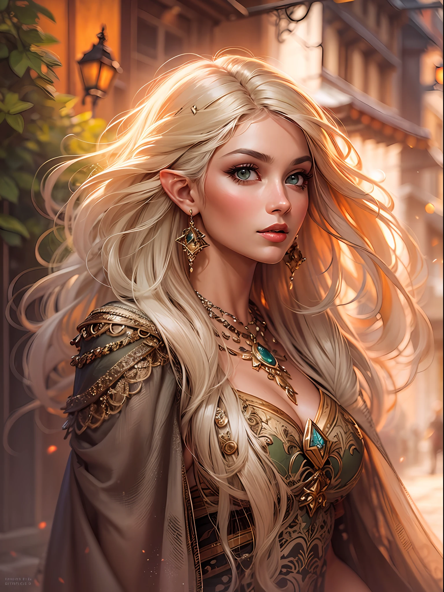 (Masterpiece, Illustration, Vibrant colors, Fantasy theme:1.3), An enchanting illustration of a stunning blonde elven woman with long, flowing hair adorned in an exquisite and intricate hairstyle. Her captivating green eyes sparkle with a hint of mischief, framed by thick, beautifully drawn black eyebrows. Her luscious, voluminous lips add to her allure, perfectly complementing her flawless skin.

Her voluptuous and alluring figure is accentuated by a short and tight elven outfit that elegantly drapes her body, leaving little to the imagination. The elf's perfect form is highlighted as she confidently walks along a narrow, deserted medieval street, illuminated by the warm glow of the setting sun. The sunlight reflects directly on her, casting a radiant glow on her entire being.

With a provocatively confident and piercing gaze, she exudes bravery and a sense of allure. Her aura is one of untamed grace and allure, capturing the essence of her elven heritage.

The medieval street exudes a sense of timeless beauty, with cobblestone paths and ancient architecture, adding to the enchanting atmosphere of the illustration. The absence of movement on the street enhances the focus on the captivating elven beauty.

The colors of the illustration are vibrant, with rich hues that add depth and life to the scene. The combination of warm and cool tones creates a harmonious balance, enhancing the magical ambiance of the artwork