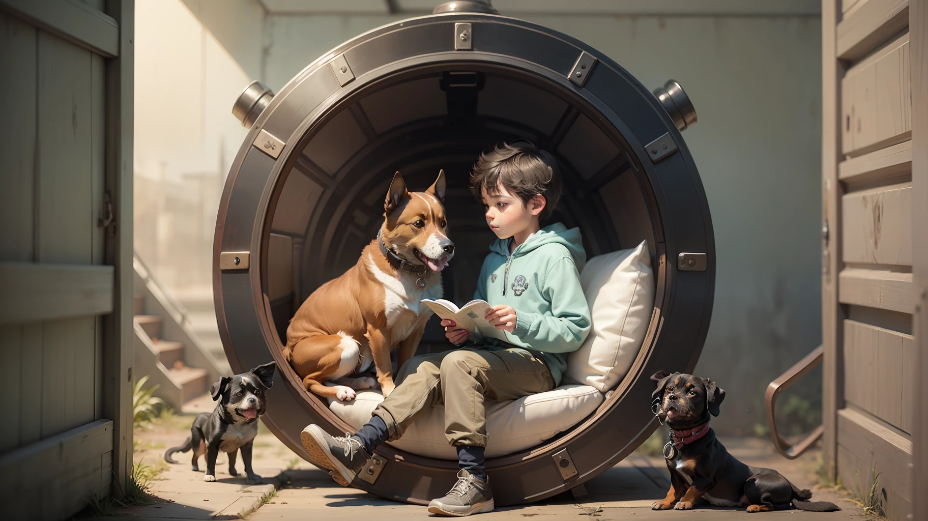 A boy and a dog, in a time machine.