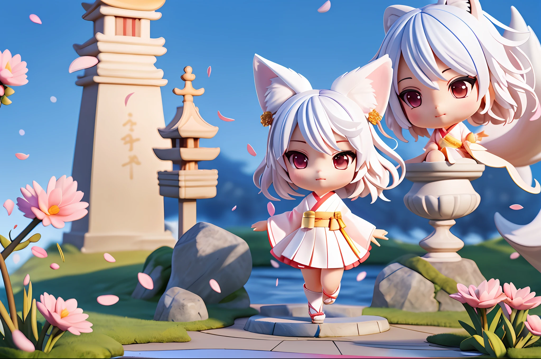 (((chibi 3d)))Fox Girl, Short hair, White hair, Wolf ears, Red Eyes, Detached long sleeves, White kimono, Pleated miniskirt, Fox tail, Nine-Tailed Fox、diffuse sunlight, depth of fields, light Particle, strong breeze,
Blue sky, shrines, stone stairs, petals falling, Face Focus