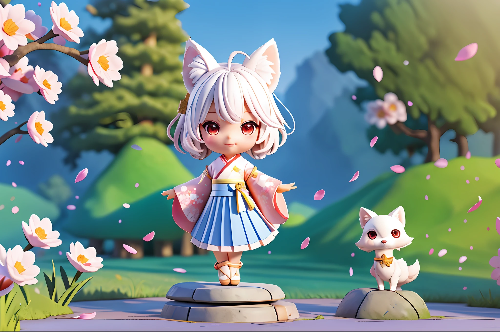 (((chibi 3d)))Fox Girl, Short hair, White hair, Wolf ears, Red Eyes, Detached long sleeves, White kimono, Pleated miniskirt, Fox tail, Nine-Tailed Fox、diffuse sunlight, depth of fields, light Particle, strong breeze,
Blue sky, shrines, stone stairs, petals falling, Face Focus