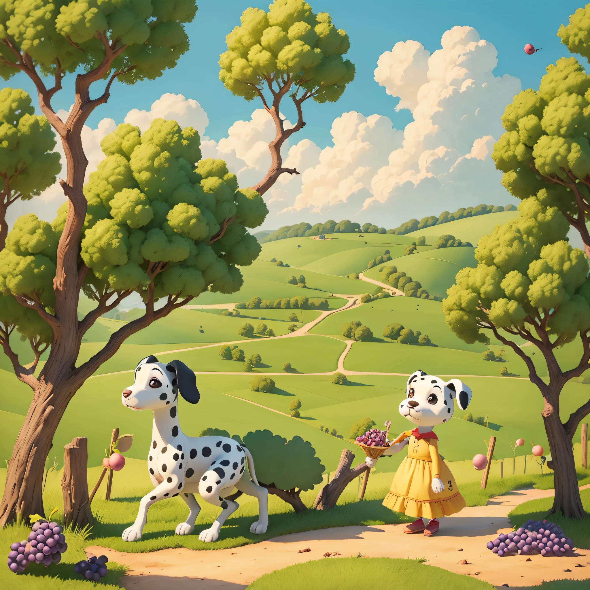 A cartoon Dalmatian picks grapes with a stick in a vineyard, storybook illustrations, drools, naive art, children illustration, Children's book illustration, children's book illustrations, Storybook illustration, cute storybook illustration, children's book illustrations, children's book illustrations, storybook illustrations, children's book illustrations，Simple 2D illustration --auto