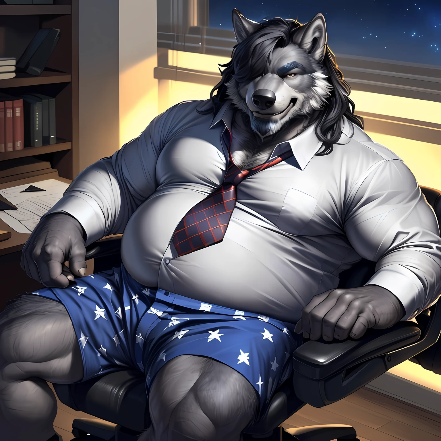 (by narse, by null-ghost, by darkgem, by personalami) older male,old chubby wolf,black fur:1.3,(dark gray hair, hair over eye:1.3),(gray facial hair:1.2),(hi res, best quality, high quality, detailed, shaded, shading, masterpiece:1.2), detailed eyes, detailed clothing, smirk, seductive smile, hairy chest, lying in office chair, office, night,(blue stars pattern oversized white loose_boxers:1.3), (white Open shirt:1.2), (red necktie removed),(posing),full body,(wolf tail)