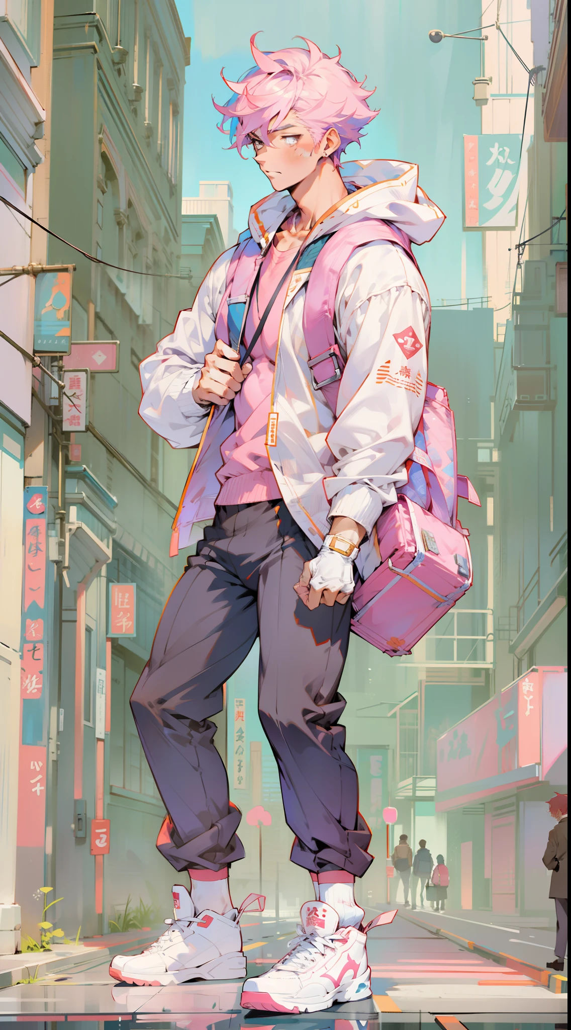 Illustration style，Anime characters，Full body like，Full body illustration， pink hair，Handsome man，bookbag，独奏，musculature，Handsome，A high resolution