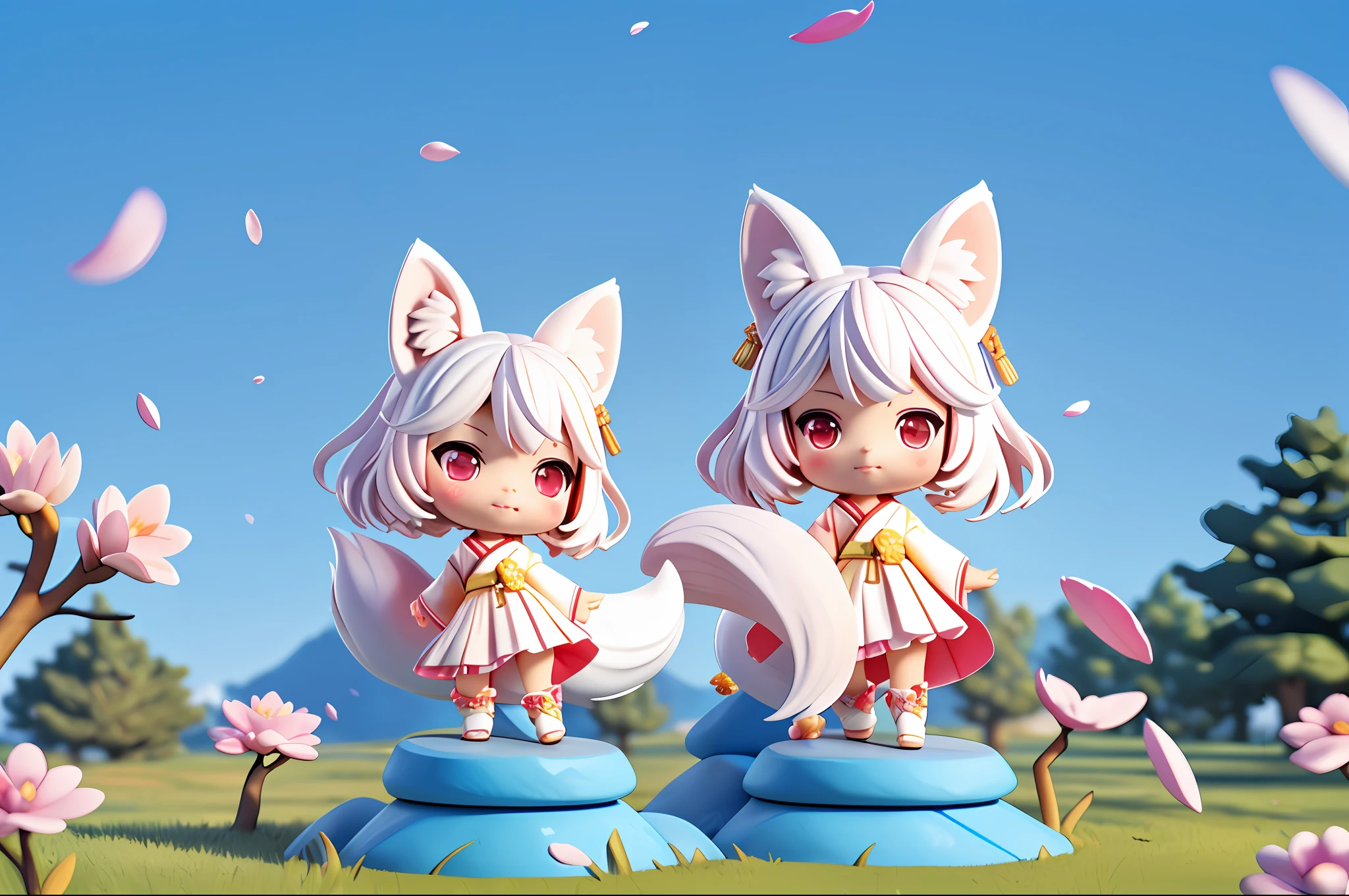 (((chibi 3d)))Fox Girl, Short hair, White hair, Wolf ears, Red Eyes, Detached long sleeves, White kimono, Pleated miniskirt, Fox tail, Nine-Tailed Fox、diffuse sunlight, depth of fields, light Particle, strong breeze,
Blue sky, shrines, stone stairs, petals falling, Face Focus