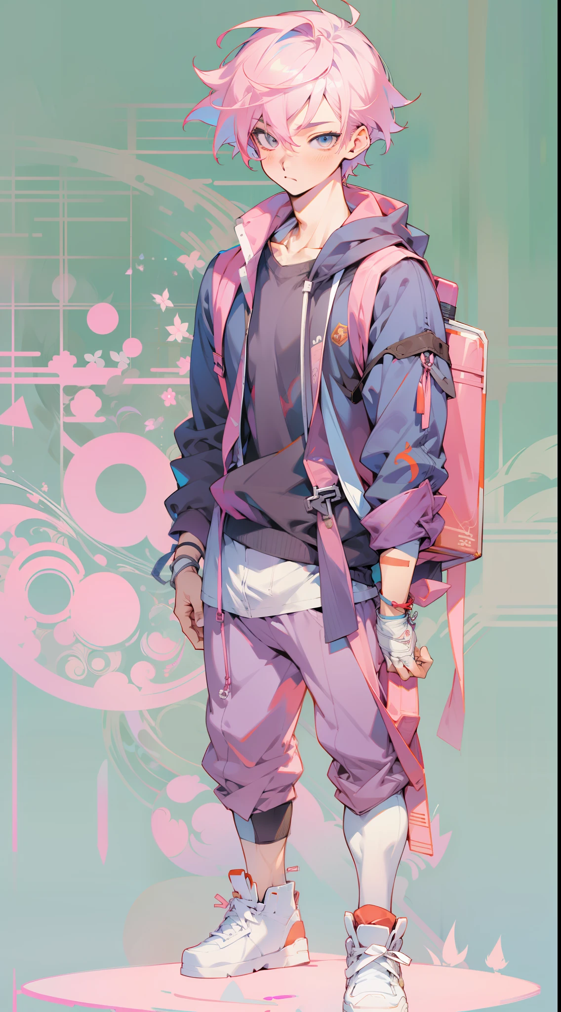 Illustration style，Anime characters，Full body like，Full body illustration，baby pink hair，Handsome man，bookbag，独奏，musculature，Handsome，A high resolution