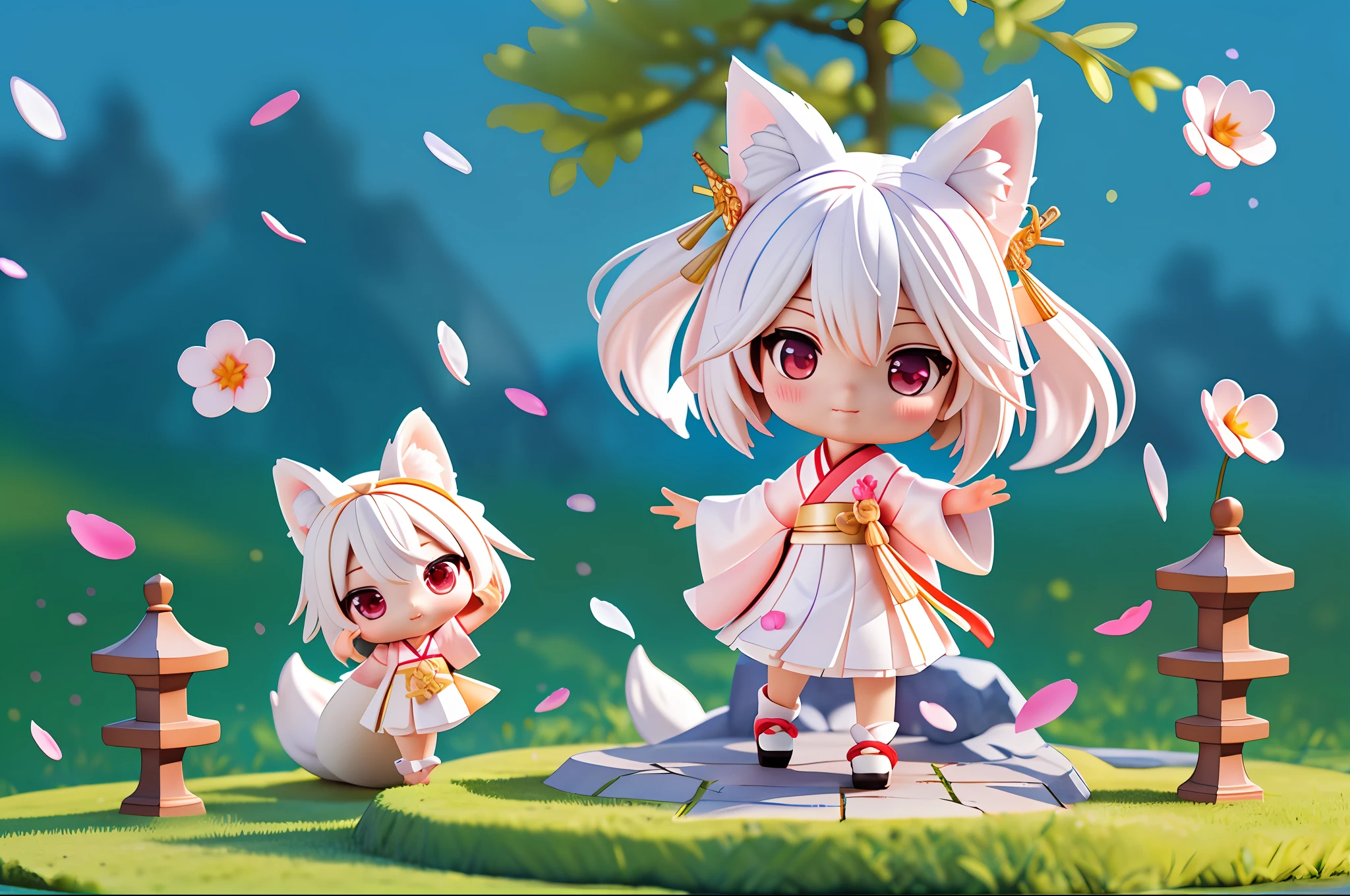 (((chibi 3d)))Fox Girl, Short hair, White hair, Wolf ears, Red Eyes, Detached long sleeves, White kimono, Pleated miniskirt, Fox tail, Nine-Tailed Fox、diffuse sunlight, depth of fields, light Particle, strong breeze,
Blue sky, shrines, stone stairs, petals falling, Face Focus