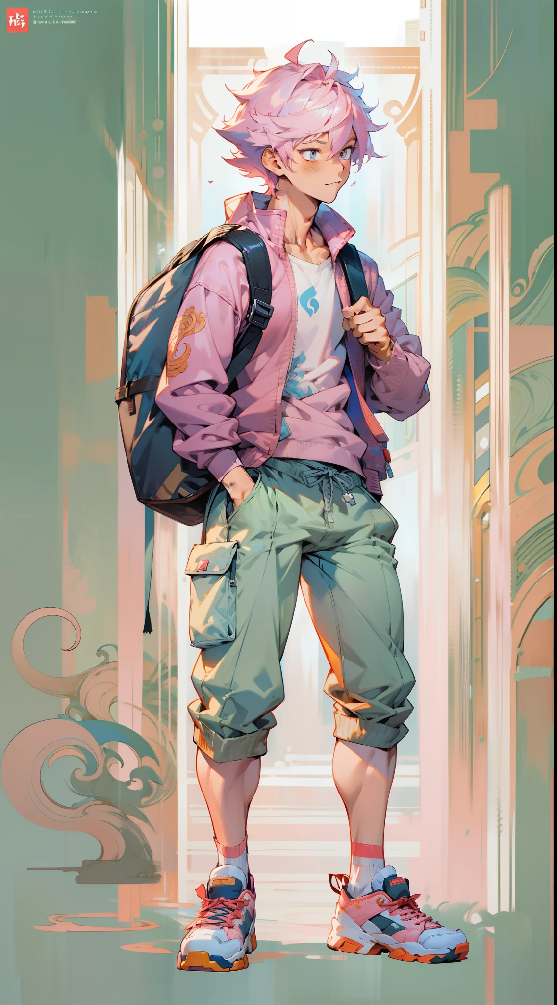 Illustration style，Anime characters，Full body like，Full body illustration， pink hair，Handsome man，bookbag，独奏，musculature，Handsome，A high resolution